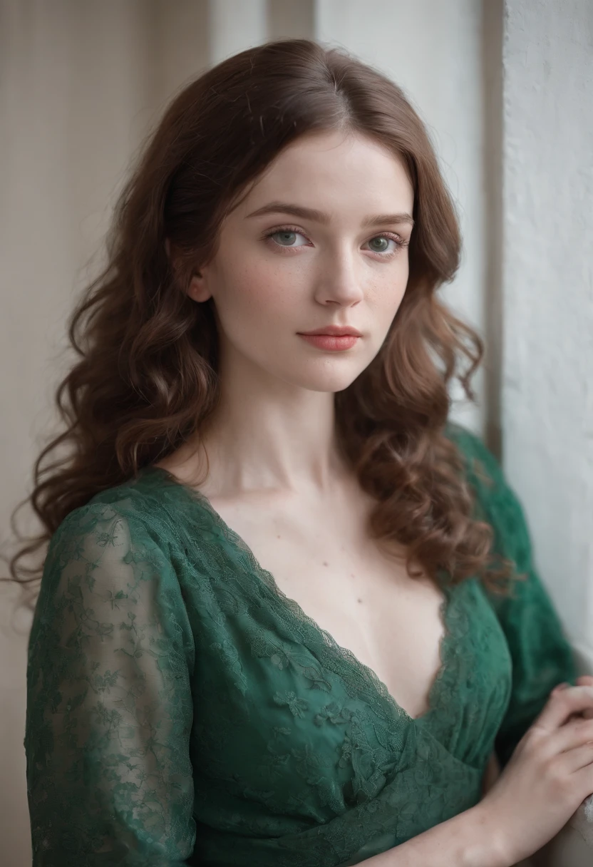 "Full body portrait of a charming 24 year old women with pale skin, long hair, very curly dark brown coloured hair, a late 80s hair style look, lots of freckles freckles, petite figure, beautiful face, captivating green eyes, and modest bust size, showcasing her natural beauty.”