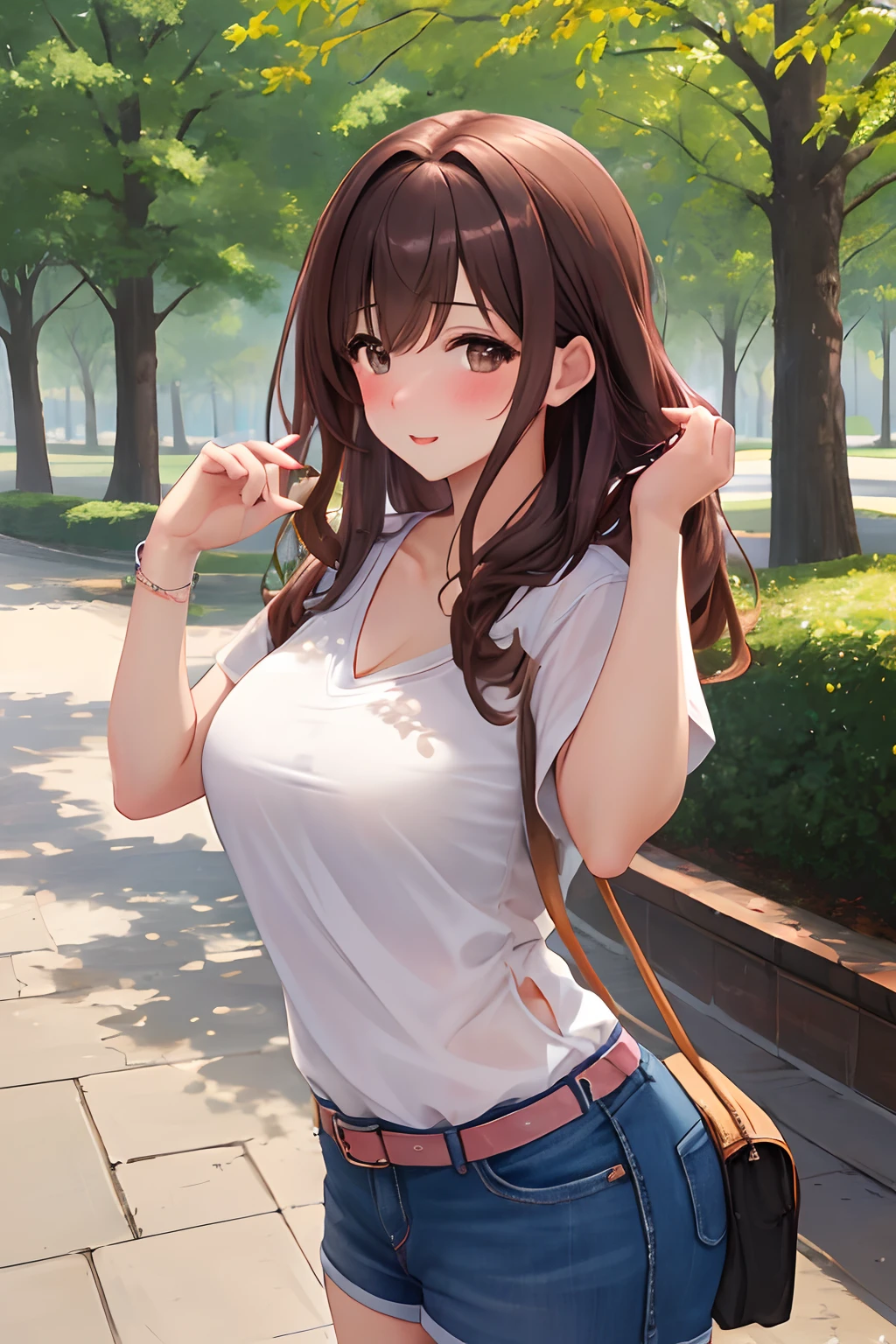 (masterpiece), (best quality), (ultra detailed), 1girl, ssexy pose, blush,medium breasts, casual clothes, happy, looking at viewer, large hair, brown hair, in the park with trees, shy