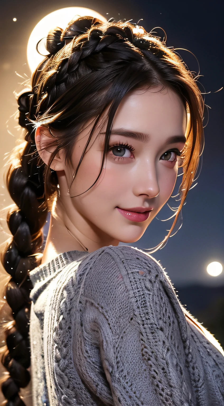 ((turtle necked sweater、Beauty in a cardigan))，Body Portrait、8K，Eyes in Beautiful Details，dingdall effect、​masterpiece, top-quality, hightquality, hight resolution、hyperdetailed photo、(natural skin textures、Detailed skin、Hyper-Realism、ultra sharpness)、high-detail skin、(ighly detailed、detailed skin textures、intricate detailes、Beautiful expression、(Lifelike face)、realisticeyes、beatiful detailed eyes、real looking skin、Beautiful skins、A hyper-realistic、ighly detailed、the golden ratio、With smiling eyes、((Moonlight background at night))、Body Portrait、(Curly hair in braids、Bun１)