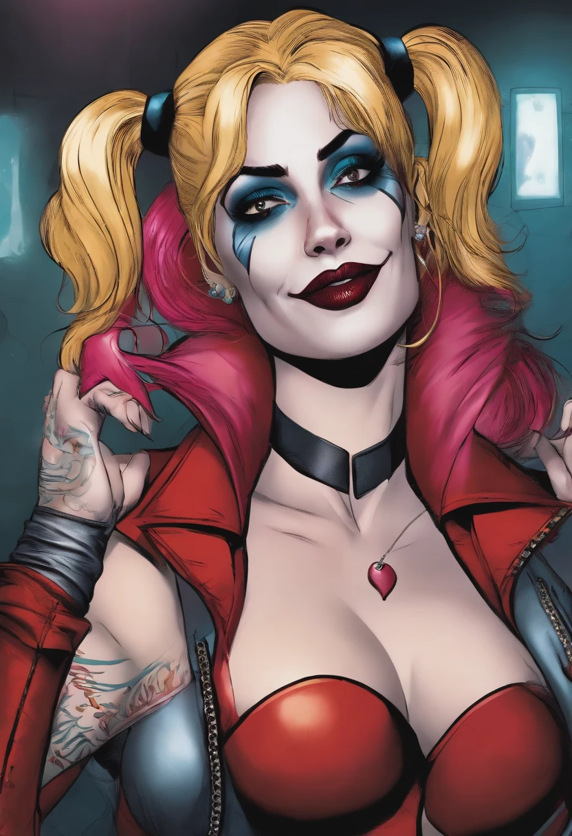 Harley Quinn wearing a skimpy miniskirt outfit, beautiful girl, nsfw, thick thighs, busty, cleavage, not safe for work, nipples, perfect vagina, trimmed pussy hair, thick pubic hair, dark inspired makeup, able to see nipples & pussy through clothing, stripclub background, sexy pose