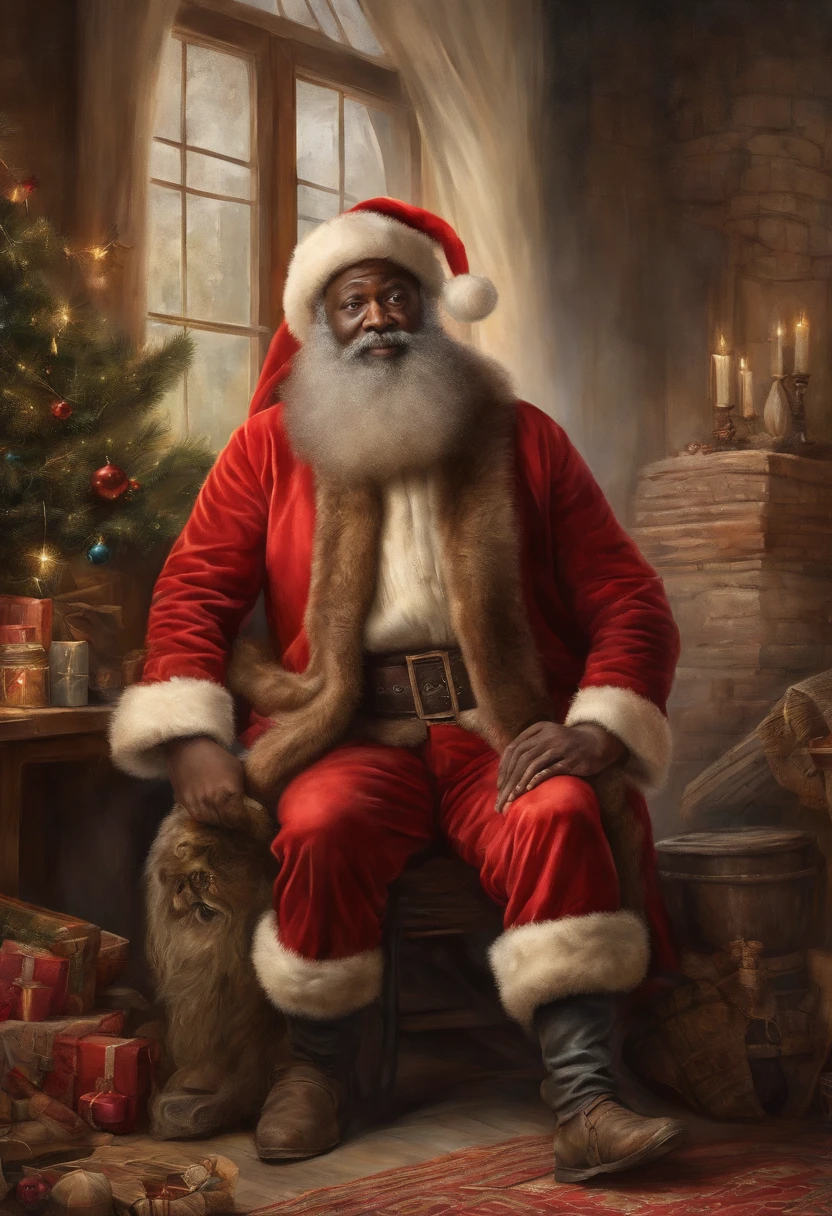 best quality, realistic, photorealistic, award-winning illustration, (intricate details: 1.2), (delicate detail), (intricate details), vintage black afro man  as santa Claus sitting down looking at camera, a photorealistic painting by Mac Conner, pexels, realism, character, the man is wearing a old red clothes and overalls, The background is a painting of Christmas aesthetic , creating a contrast between the realistic and the artistic elements of the image,8k