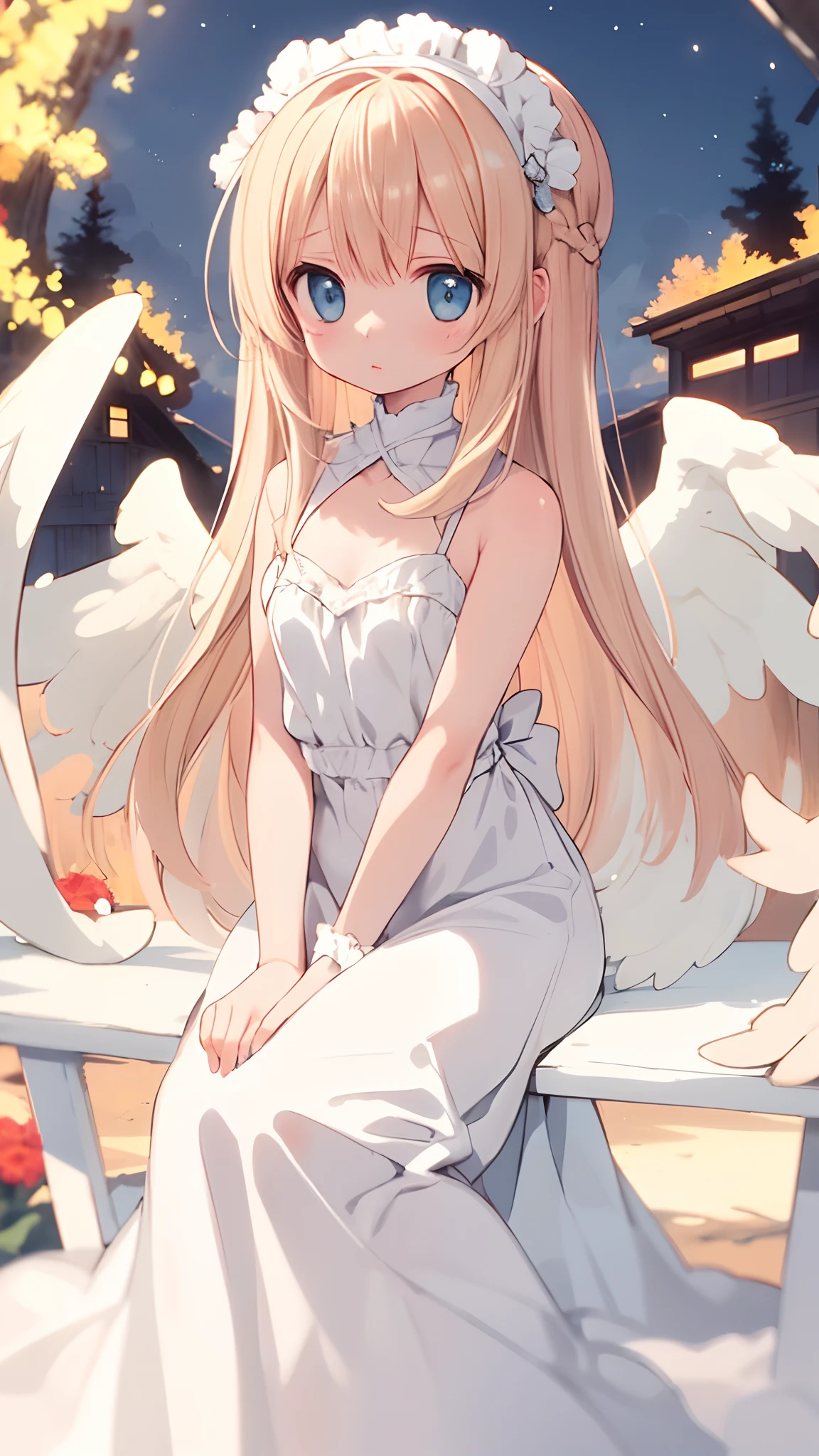 Cute angel girl，Angel wings，DOA，Sat down，The atmospheric sense of dusk，blood vess，karo