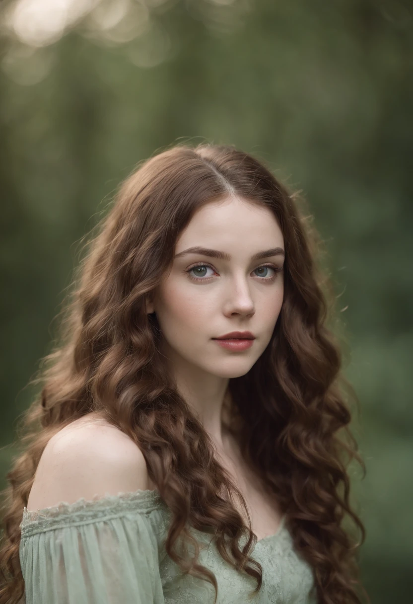 "Full body portrait of a charming 24 year old women with pale skin, long hair, very curly dark  brown coloured hair with ringlets, lots of freckles all over her face, petite figure, beautiful face, captivating green eyes, and showcasing her natural beauty.”