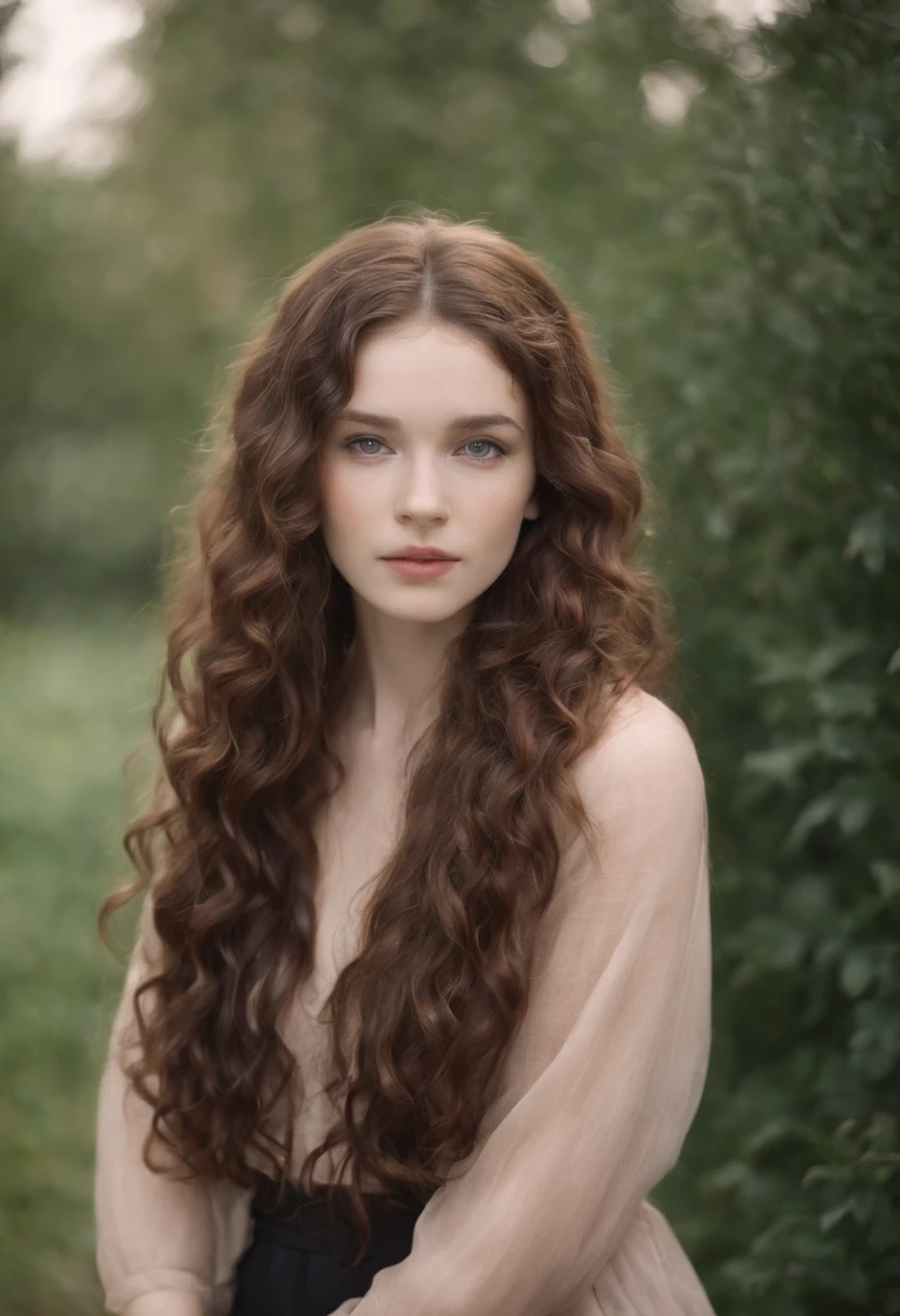 A woman with pale skin, long curly brown hair, blue eyes, killing zombies