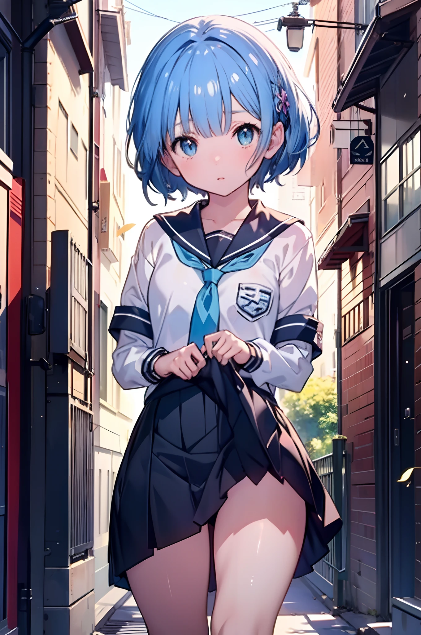 (masterpiece, extremely detailed 8k CG, sharp line), High school girl, blue hair, cute, serafuku, white underwear and skirt, skirt lift, sexy pose showing panties, thighs, anime style , beautiful anime schoolgirl, mesmerizing anime girl, smooth anime CG art, beautiful anime school girl, beautiful anime girl,