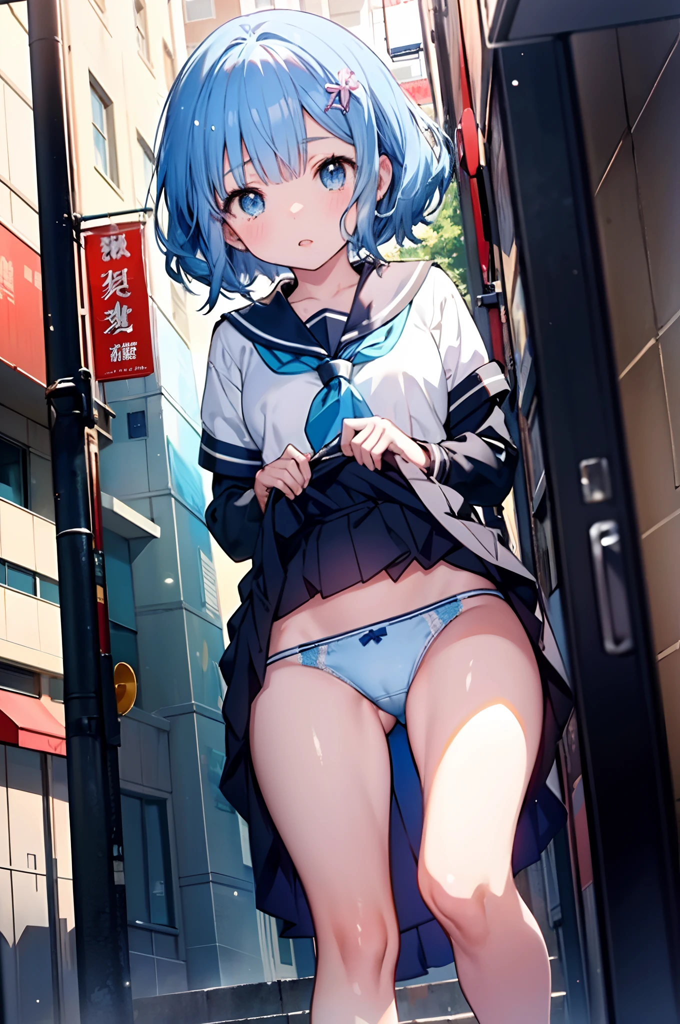 (masterpiece, extremely detailed 8k CG, sharp line), High school girl, blue hair, cute, serafuku, white underwear and skirt, skirt lift, sexy pose showing panties, thighs, anime style , beautiful anime schoolgirl, mesmerizing anime girl, smooth anime CG art, beautiful anime school girl, beautiful anime girl,