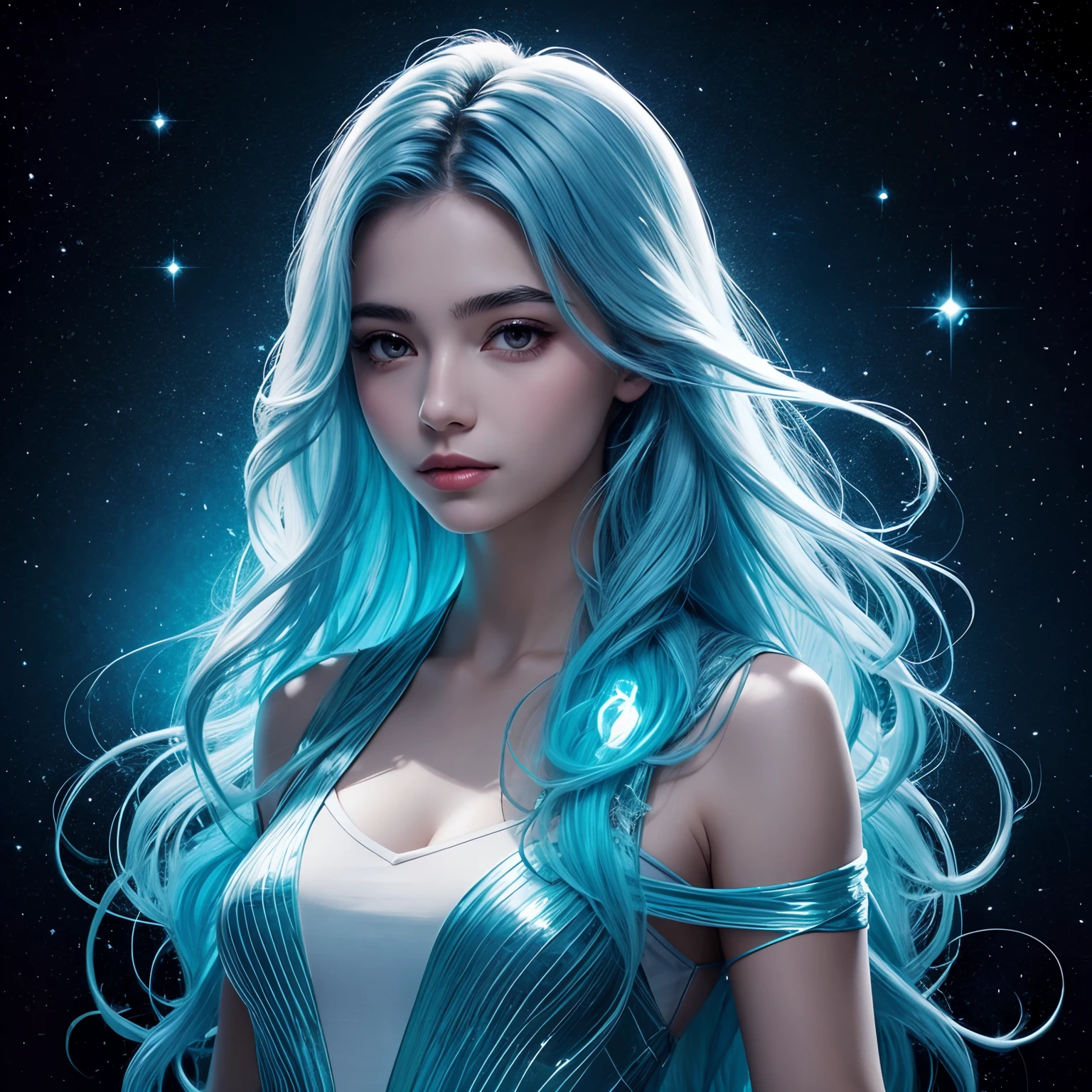 desenho de uma mulher jovem bonito, long flowing hair, corpo brilhante bioluminescente transparente, em um fundo escuro profundo, Glassmorphisom,   32k por AiLove, Misterioso