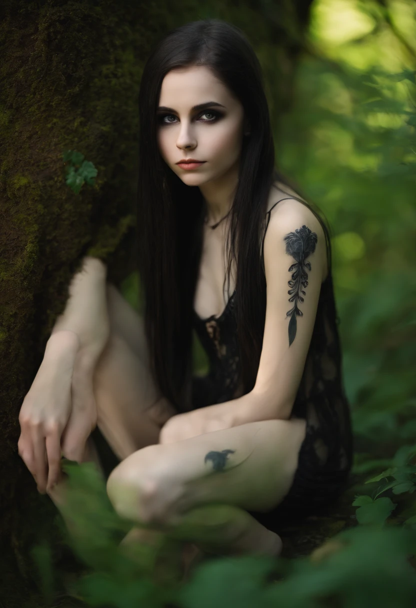 realistic 13-years-old girl photos with long hair (goth), Cute face, squatting, Slender body, skinny open legs, Thin ankles, thin-waist, bodypaint, y posing, shower