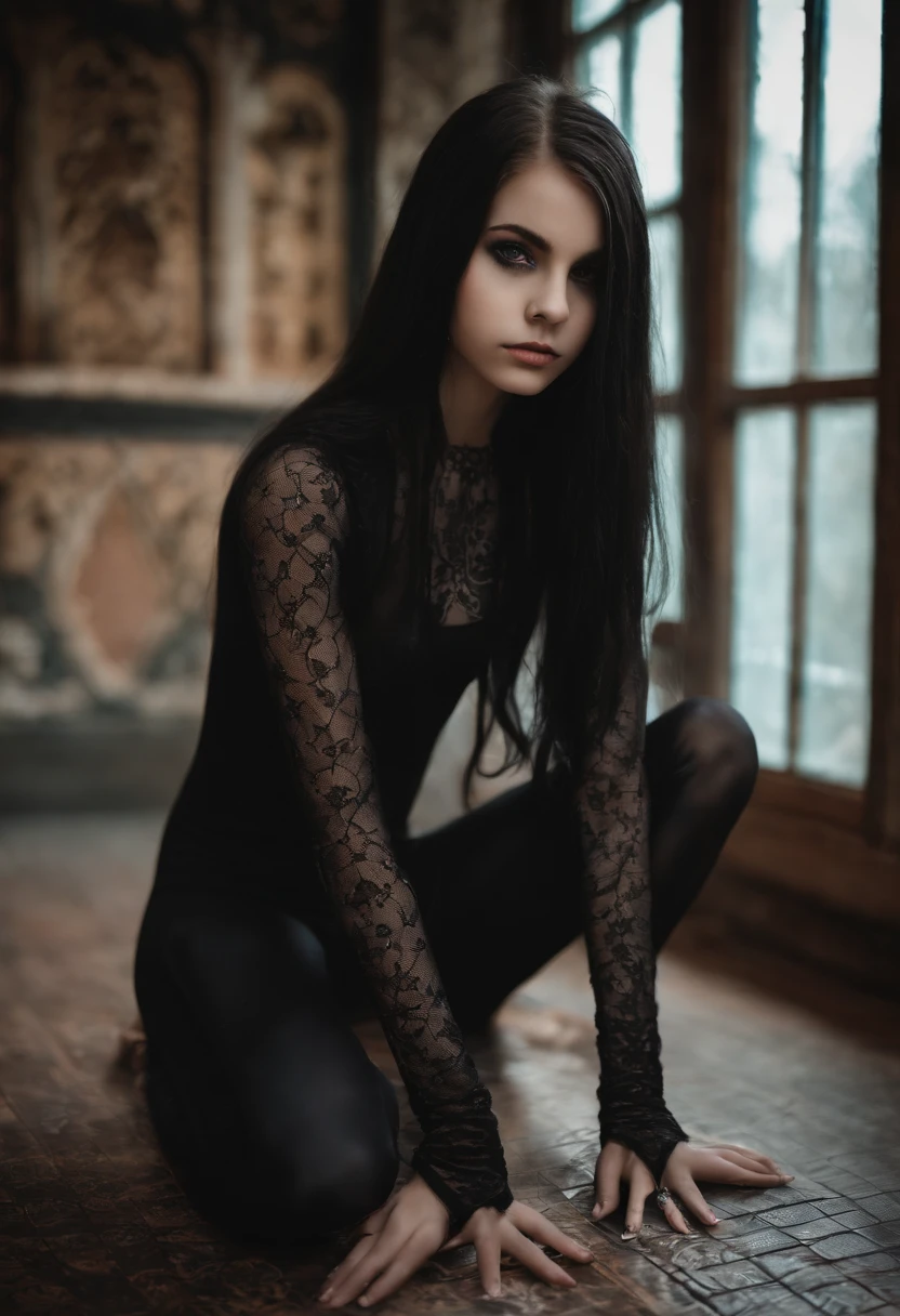 realistic 13-years-old girl photos with long hair (goth), Cute face, squatting, Slender body, skinny open legs, Thin ankles, thin-waist, bodypaint, sexy posing, shower