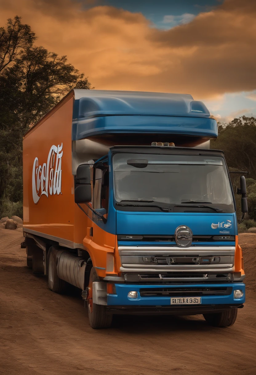 Criar um personagem de desenho animado de cabelo escuro enrolado, comiseta gola polo azul escuro, Orange sign vest in an open shed with trucks being loaded in the background of the image with the Coca Cola symbol, o piso do local deve estar todo destruido em obras, with several orange signal cones and yellow and black secrete lights