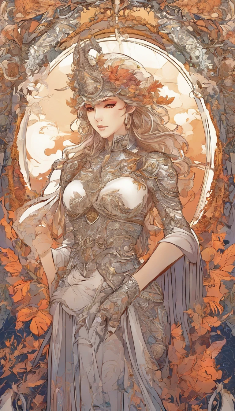 vivid colors, armadura detalhada, Engraved metal armor, desenhos intrincados na armadura, intrincadas gravuras de armadura, postura imponente e poderosa, feroz , short, flowing white hair, dynamic pose, Intensa cena de batalha, fantasy scenery, cores vibrantes, dramatic lighting, epic atmosphere, Mythical creatures in the background, Magical Effects Around the Sword, attention to facial anatomy and features, Iconic use of highlights and shadows, Capturing emotion, masterful composition, retratando personagens femininas fortes.
