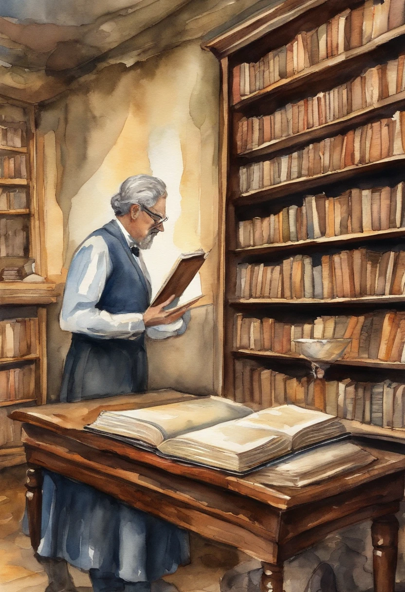 Create an image that portrays the librarian finding the mysterious box with the book 'The Book of Feelings' in the Alegrolândia library. This image needs to be illustrative, watercolor style.