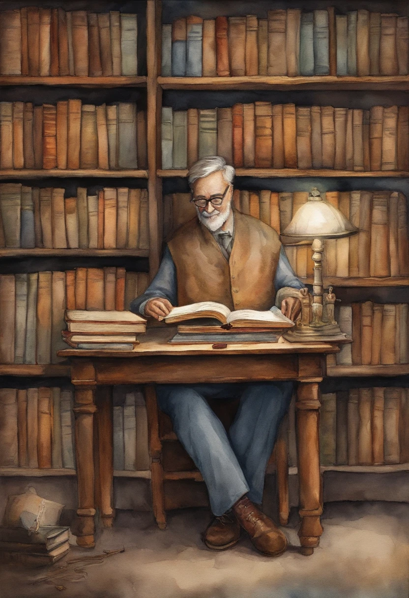 Create an image that portrays the librarian finding the mysterious box with the book 'The Book of Feelings' in the Alegrolândia library. This image needs to be illustrative, watercolor style.