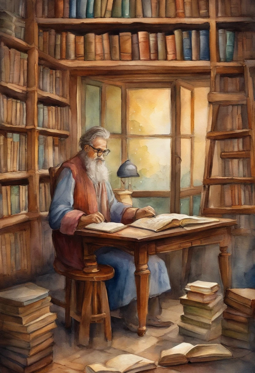 Create an image that portrays the librarian finding the mysterious box with the book 'The Book of Feelings' in the Alegrolândia library. This image needs to be illustrative, watercolor style.