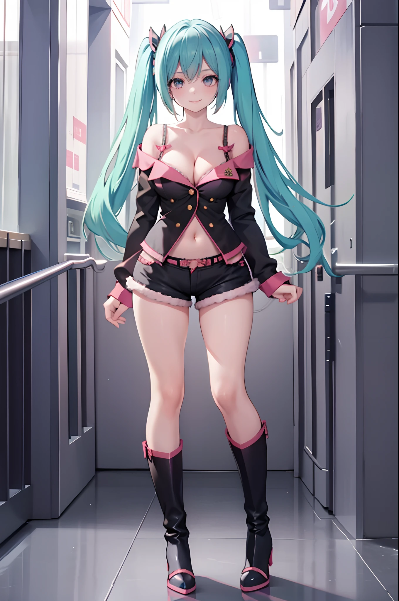 1girl,solo,standing,large breasts, cleavage, 
Denim Shorts, off shoulder, buttons, navel, lace-trimmed legwear, arms at sides,  boots, light smile, hatsune miku, full body veiw, in a modern shopping mall