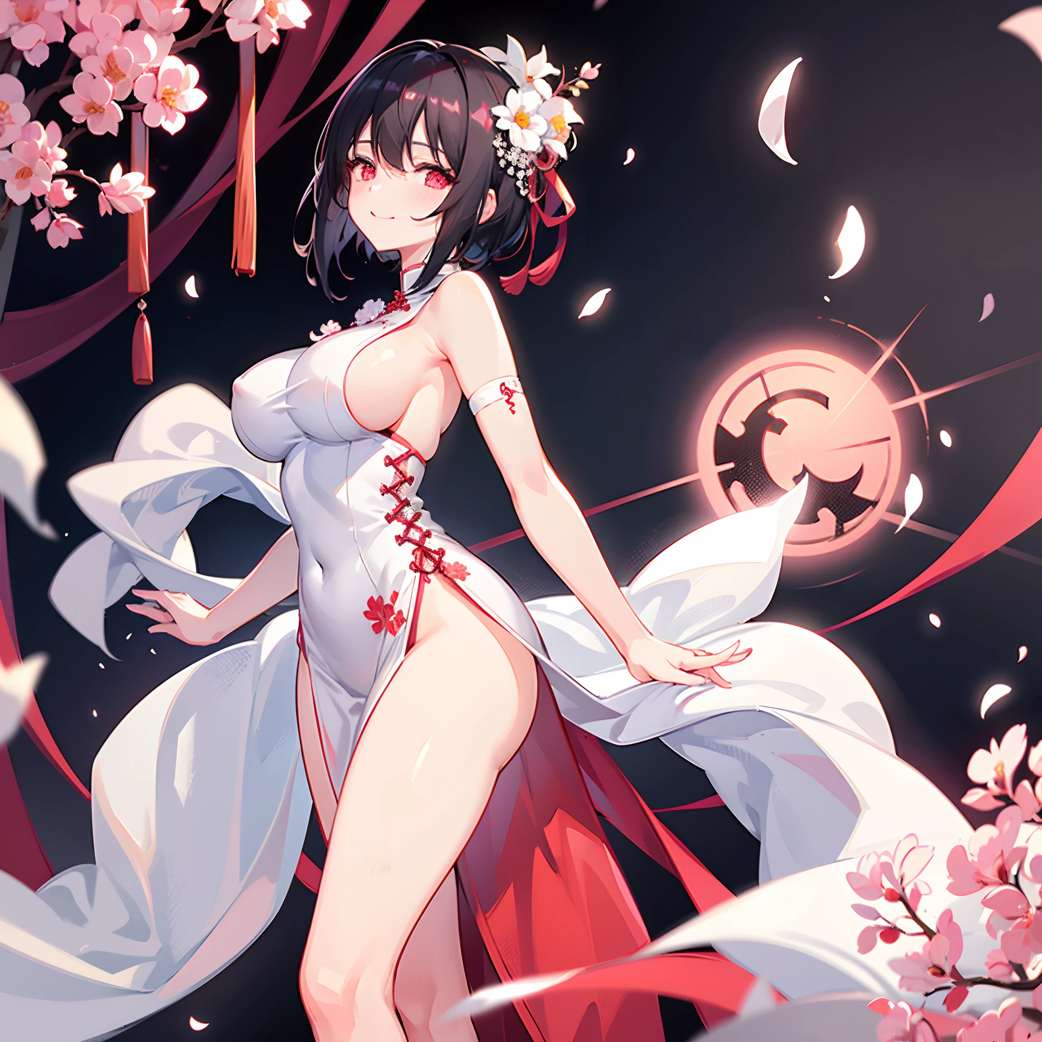 A woman with short black hair and pink-red eyes.........Wearing a white Chinese dress....... Slim profile, Fair-skinned, large boobs, He blushed slightly........., Close your eyes and smile brightly...........On Mobile, white flower