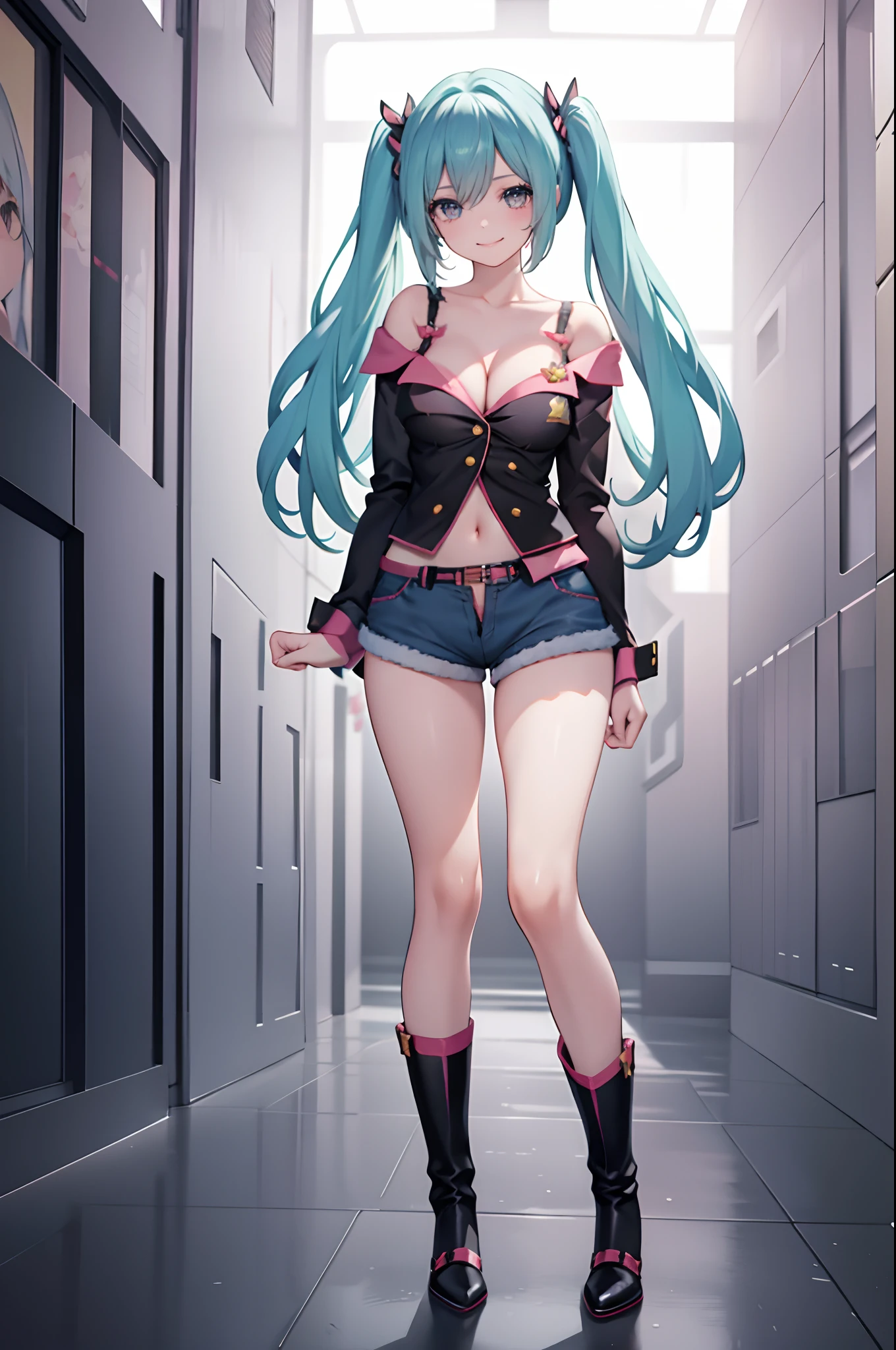 1girl,solo,standing,large breasts, cleavage, 
Denim Shorts, off shoulder, buttons, navel, lace-trimmed legwear, arms at sides,  boots, light smile, hatsune miku, full body veiw, in a modern shopping mall