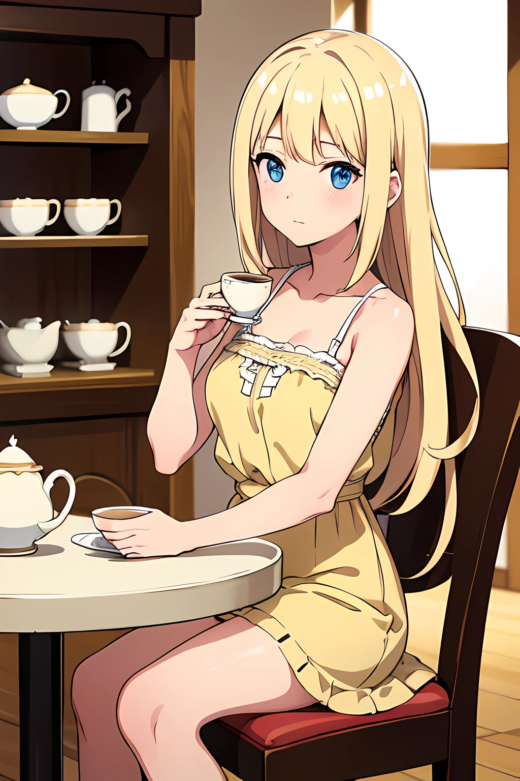 (1girl in),(beautiful eyes finely detailed, Face to detail, blonde hair, long hair), wearing summer style dress, enjoying a cup of tea at cafe, sitting on cafe, and shy facial expression, blush on her face, looking at viewers, camera angle from front, full body, masterpiece sidelighting, masterpiece, top-quality, detailed, High resolution illustration