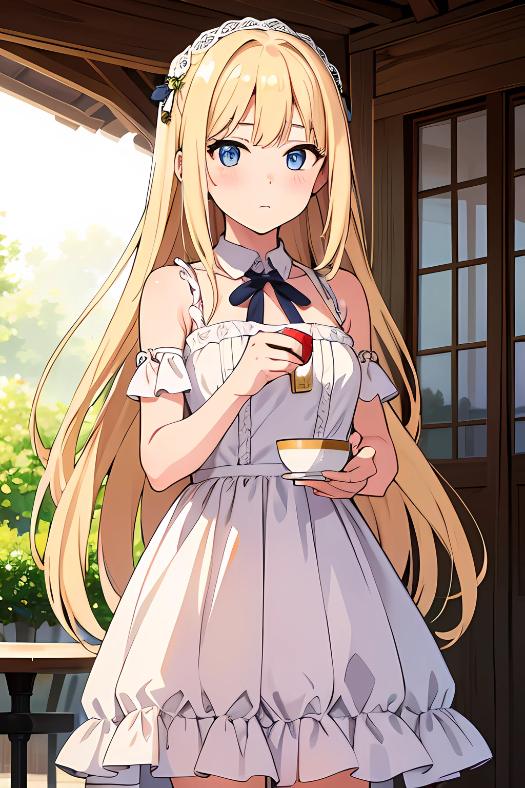 (1girl in),(beautiful eyes finely detailed, Face to detail, blonde hair, long hair), wearing summer style dress, enjoying a cup of tea, and shy facial expression, blush on her face, looking at viewers, camera angle from front, full body, masterpiece sidelighting, masterpiece, top-quality, at cafe, detailed, High resolution illustration