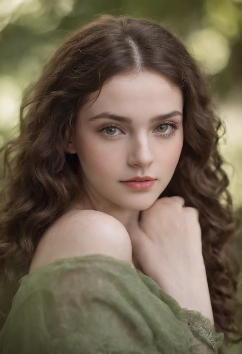 "Full body portrait of a charming 24 year old women with pale skin, long hair, very curly hair, extremely dark brown coloured hair with ringlets, lots of dark freckles all over her face, petite figure, beautiful face, captivating green eyes, and showcasing her natural beauty.”