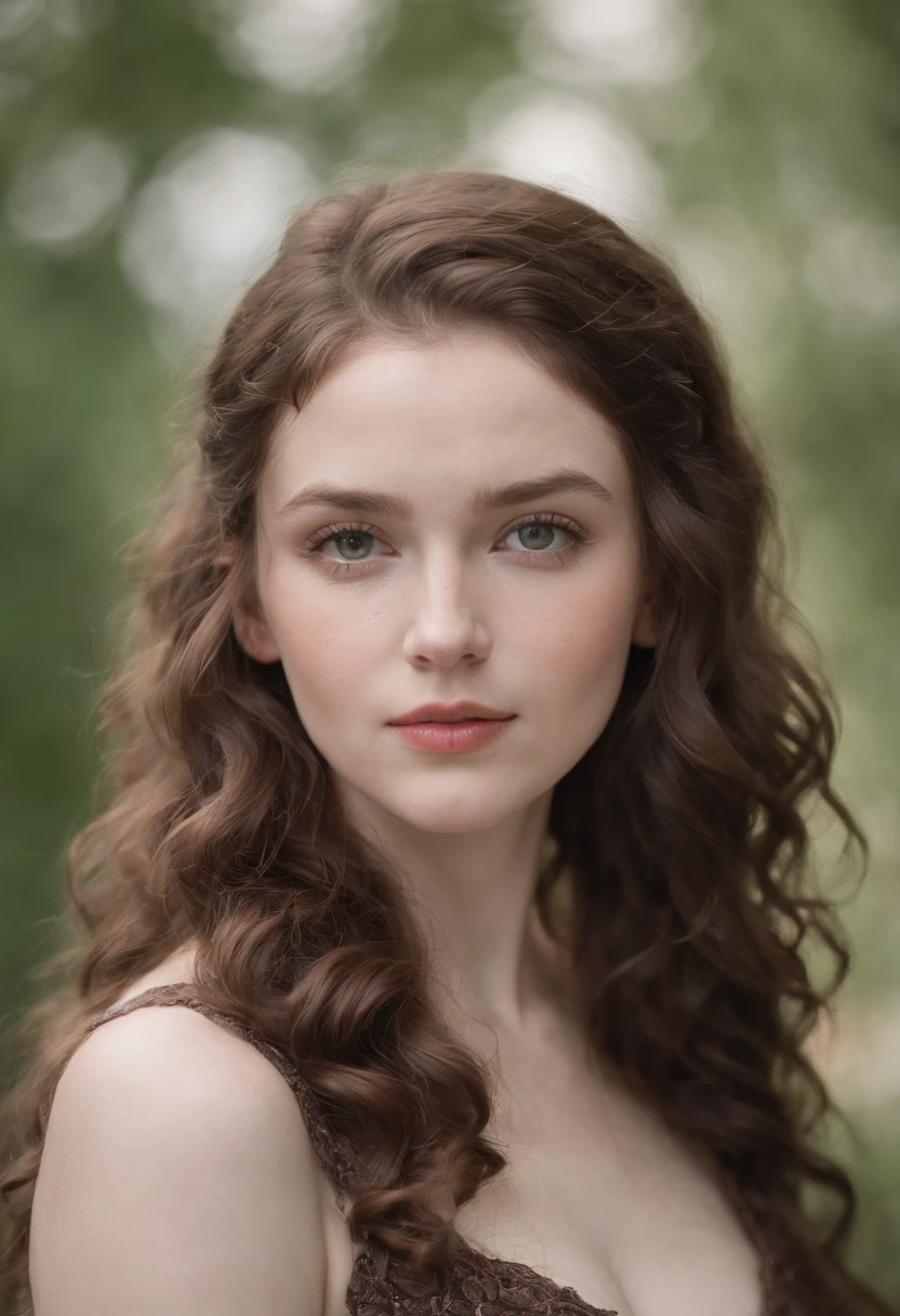 "Full body portrait of a charming 24 year old women with pale skin, long hair, very curly hair, extremely dark  brown coloured hair with ringlets, lots of dark freckles all over her face, petite figure, beautiful face, captivating green eyes, and showcasing her natural beauty.”