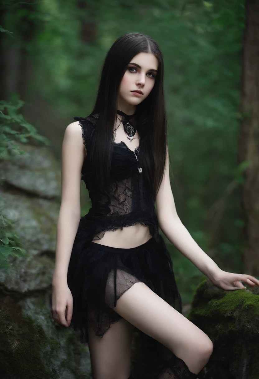 realistic 13-years-old girl photos with long hair (goth), Cute face, squatting, Slender body, skinny open legs, Thin ankles, thin-waist, lingerie, shower