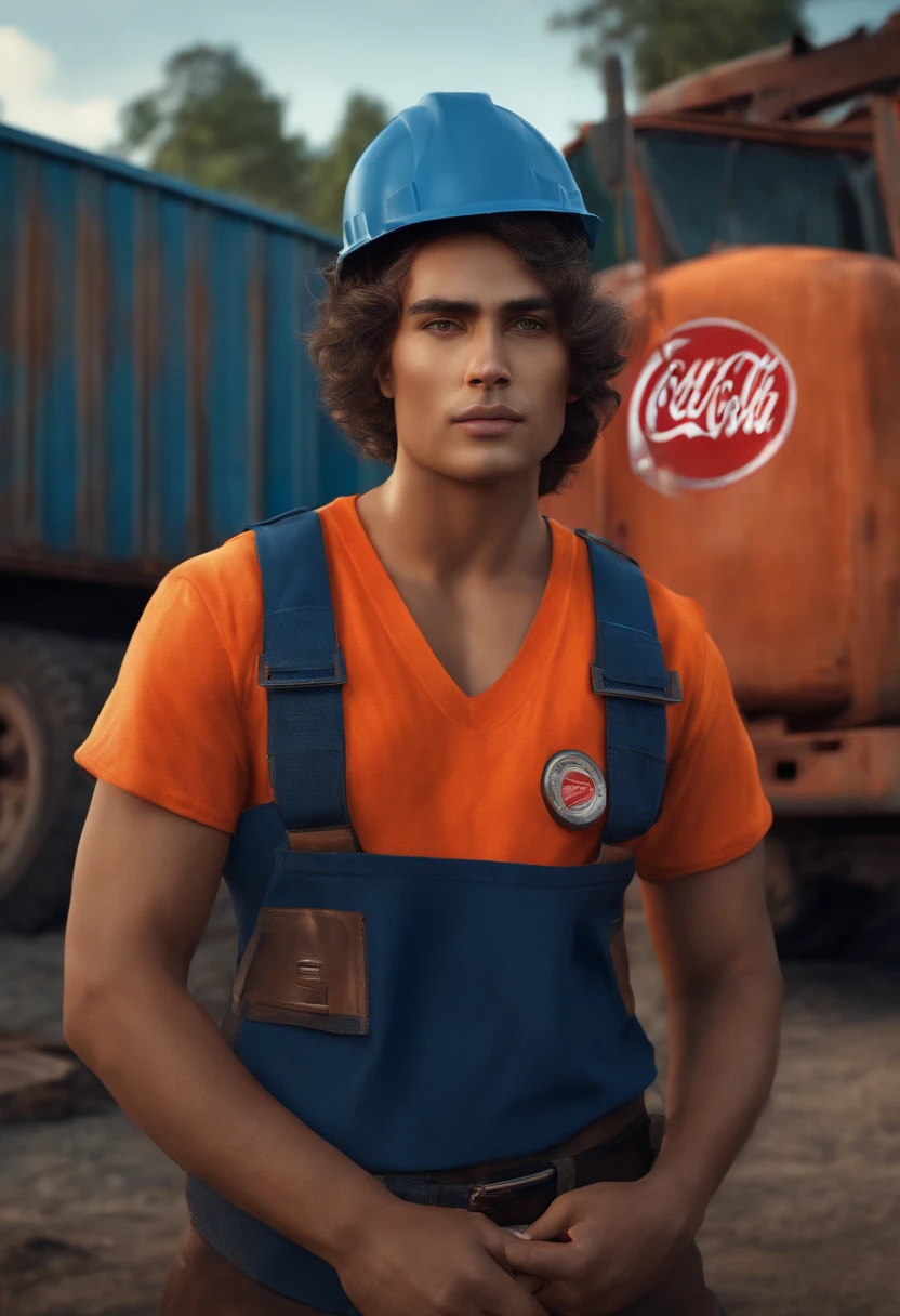 Criar um personagem de desenho animado de cabelo escuro enrolado, comiseta azul, wearing an orange signal vest. In the background of the image an open metal shed with trucks being loaded with the Coca Cola symbol.
