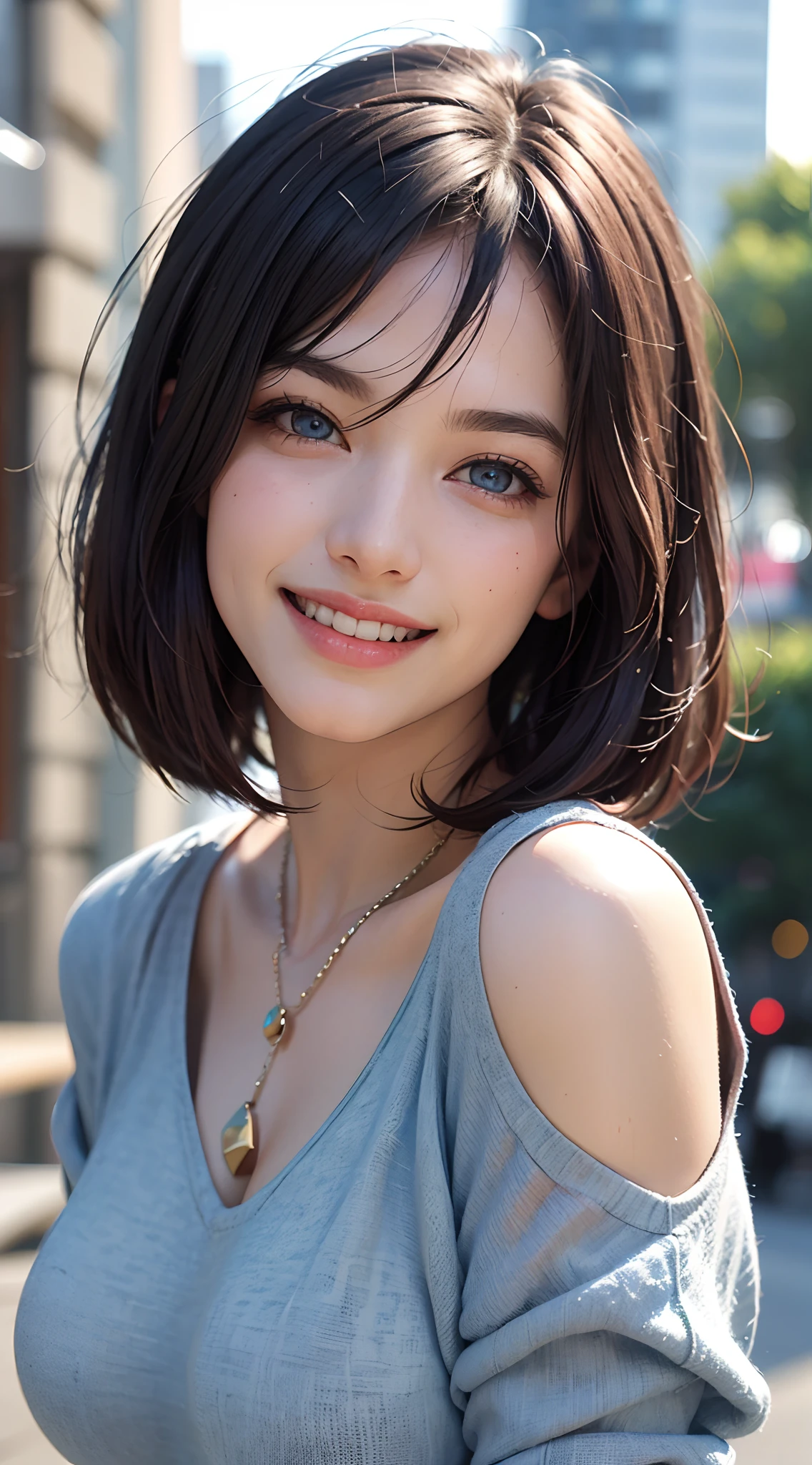 (best quality, 4k, 8k, high-res, masterpiece:1.2), ultra-detailed, (realistic, photorealistic, photo-realistic:1.37), (beautiful detailed eyes, beautiful detailed lips, extremely detailed eyes and face:1.2), studio lighting, physically-based rendering, vivid colors, (big tits, super big tits, super extra big tits), (waist), (casual wear:1.5), (portrait, bob cut, smile and laugh),