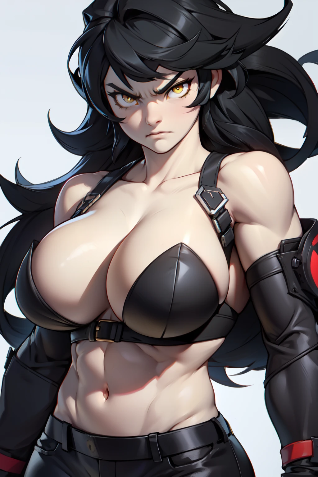 muscular girl huge breasts black hair yellow eyes angry pale skin