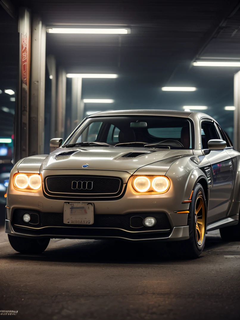 ((masterpiece、top-quality、realisitic、ultra-detailliert、hight resolution、Photorealsitic、foco nítido、photographrealistic、Raw photography、lighting like a movie))、In the parking lot、((Futuristic Cyberpunk Hot Rod))、(With glowing tires)、khaki colors、3/4Front view