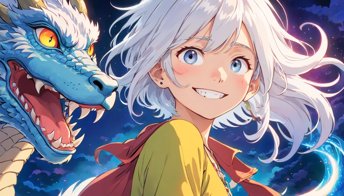White-haired teenager with white eyes with psychedelic smile and tattoo of a dragon running from neck to forehead