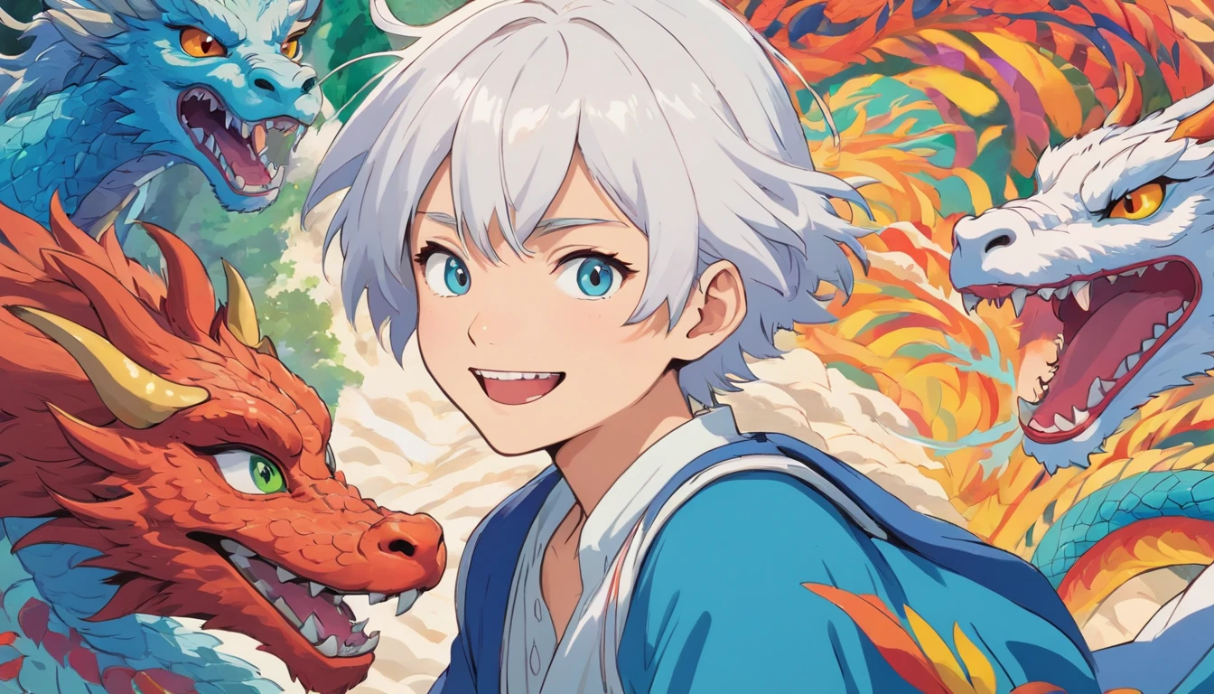 White-haired teenager with white eyes with psychedelic smile and tattoo of a dragon running from neck to forehead