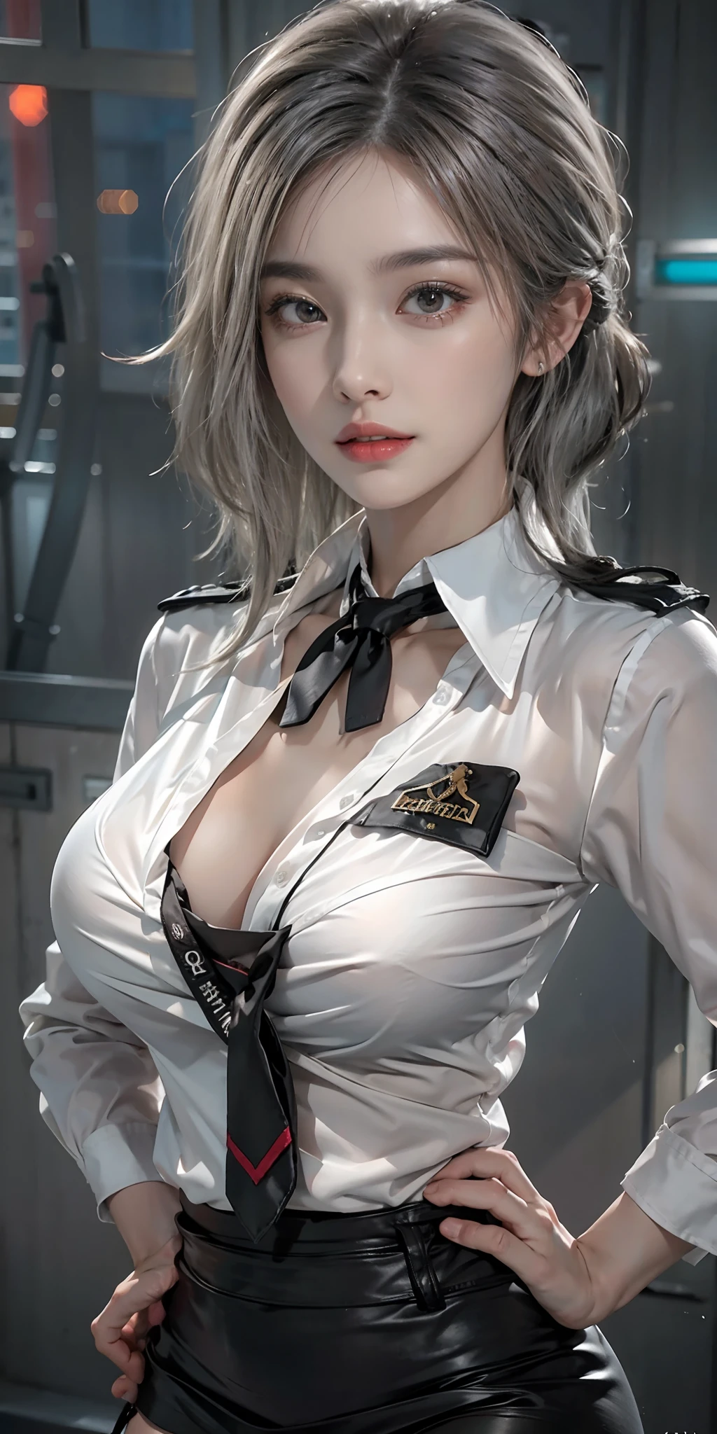 Photorealistic, high resolution, Soft light,1womanl, Solo, Hips up, shiny skins, (Detailed face),tattoo, jewelry, Secretary uniform, White shirt, Black skirt, Black stockings, a garter belt, Night, White hair, Wavy hair, Beautiful soldiers, Catch the audience's eye, Lover's perspective, Invitation expression, Sexy smile, Perfect style, Perfect balance, Detailed skin, mischievous gaze, chest visible