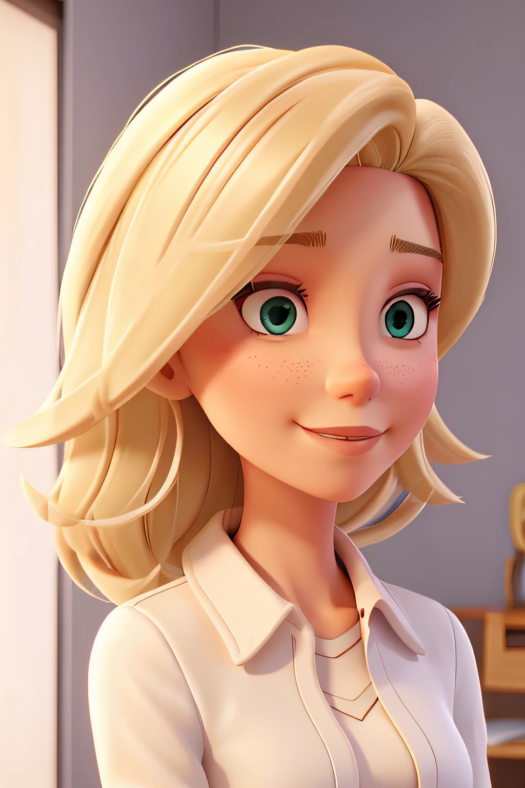 Portrait of blond dermatologist doctor with white room in background, cabelo loiro, medium, com roupa vermelha e jaleco