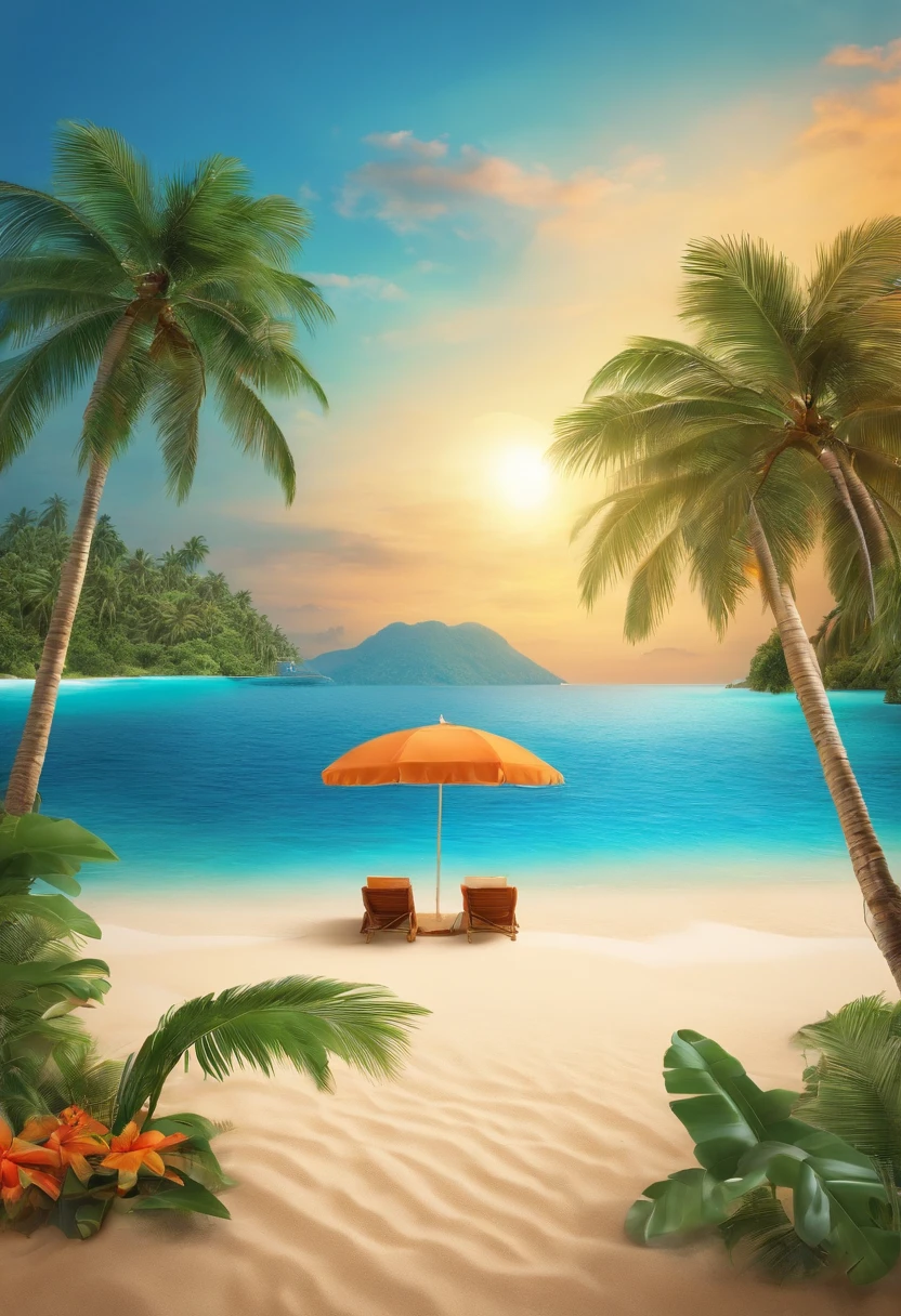 Tropical island scene,There is a sandy beach、Mare、Far Mountain、Skysky,Pomelo coconut trees on both sides,Fruit on the beach,The beach has common items such as sun umbrellas and swimming rings,There are several people skydiving in the sky,The main color is ocean blue,Orange is a secondary color,Tropical atmosphere,arte de fundo,a paradise like a fairyland, seaside backgroud, tropical beach paradise, fantasy matte painting, stylized background, beautiful magical palm beach, tropical background, detailed scene,A high resolution(Use 3D e-commerce models)