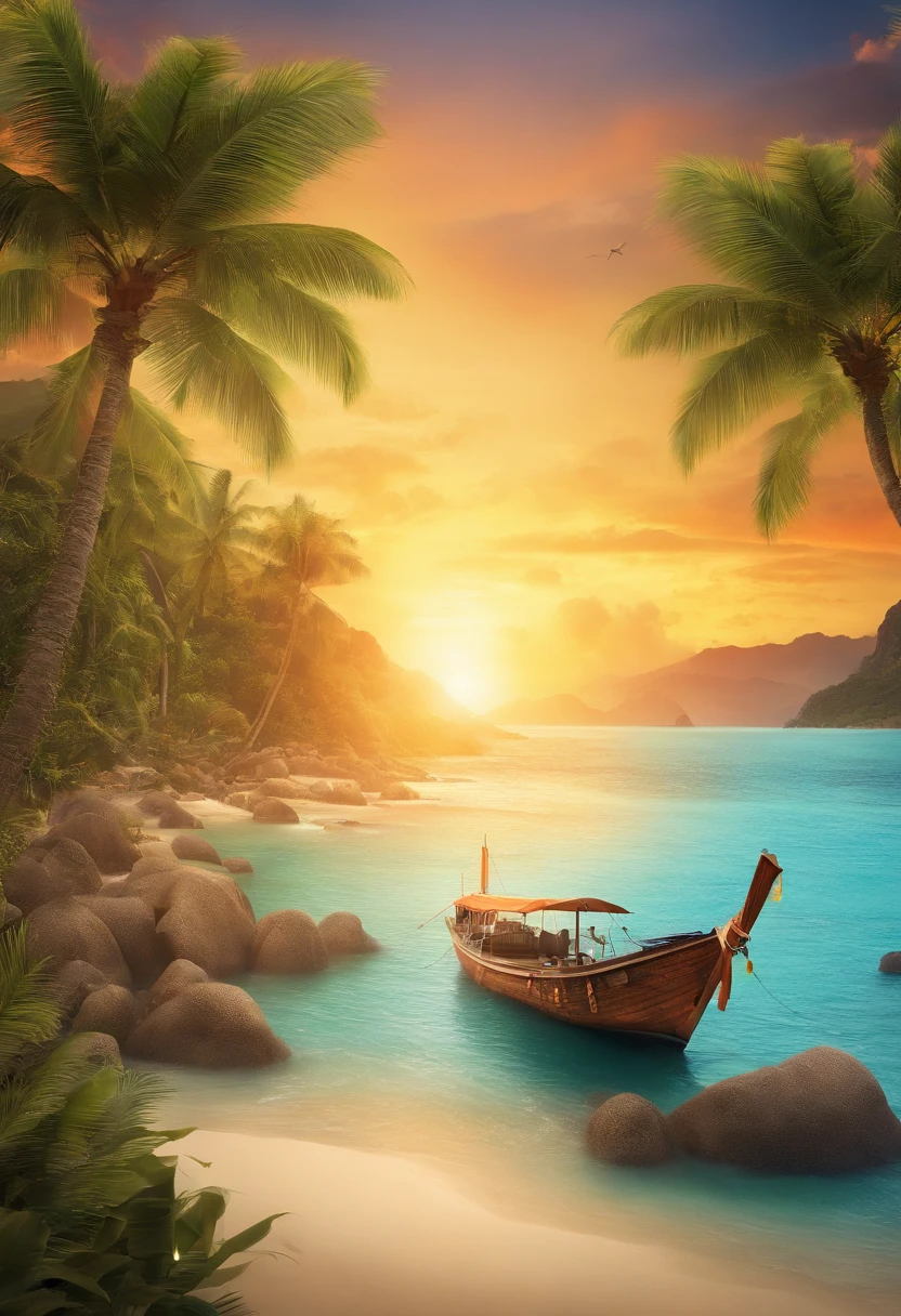 Tropical island scene,There is a sandy beach、Mare、Far Mountain、Skysky,Pomelo coconut trees on both sides,Fruit on the beach,The beach has common items such as sun umbrellas and swimming rings,There are several people skydiving in the sky,The main color is ocean blue,Orange is a secondary color,Tropical atmosphere,arte de fundo,a paradise like a fairyland, seaside backgroud, tropical beach paradise, fantasy matte painting, stylized background, beautiful magical palm beach, tropical background, detailed scene,A high resolution(Use 3D e-commerce models)