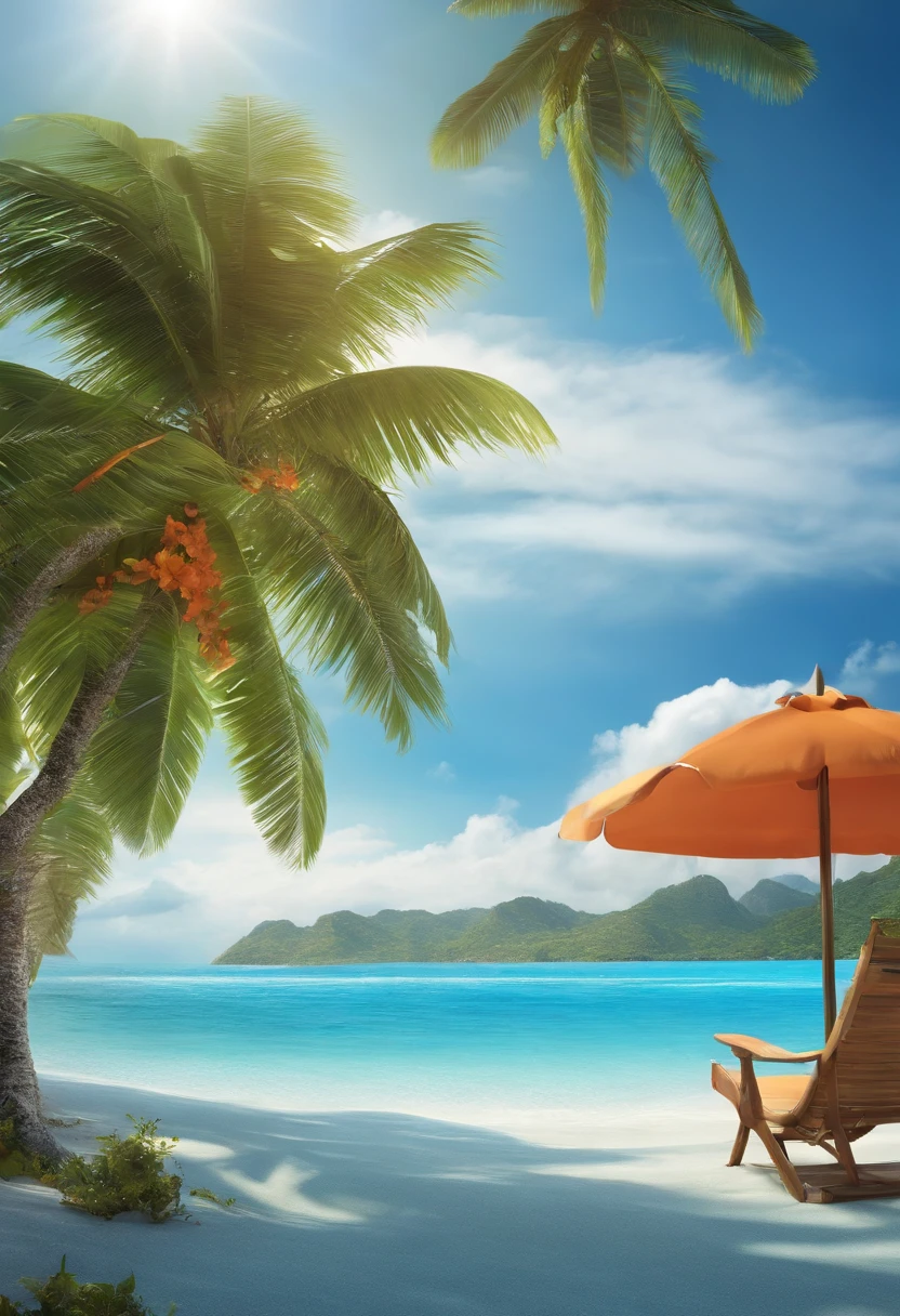 Tropical island scene,There is a sandy beach、Mare、Far Mountain、Skysky,Pomelo coconut trees on both sides,Fruit on the beach,The beach has common items such as sun umbrellas and swimming rings,There are several people skydiving in the sky,The main color is ocean blue,Orange is a secondary color,Tropical atmosphere,arte de fundo,a paradise like a fairyland, seaside backgroud, tropical beach paradise, fantasy matte painting, stylized background, beautiful magical palm beach, tropical background, detailed scene,A high resolution(Use 3D e-commerce models)