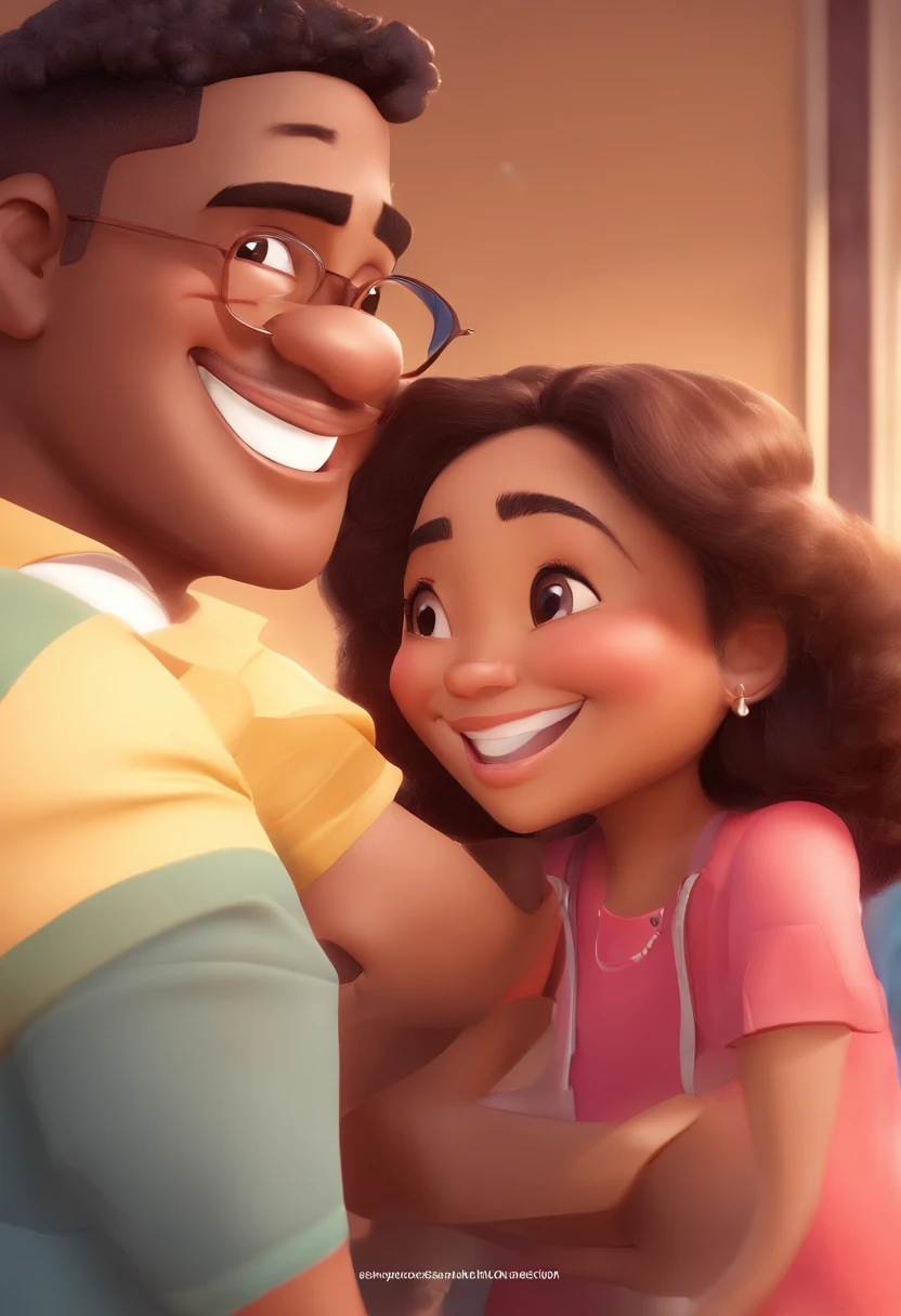 An illustration of an adorable couple, Highlight for a chubby mulatto man with glasses smiling and a brunette woman with beautiful expressive eyes - the man's skin is mulatto and the man's hair haswhile the woman's skin is black and the woman's hair is straight and brown. They are a bright room, cada um com um sorriso no rosto, e compartilhar um momento especial caracterizado pelo amor, Insights. Illustrate this scene from a perspective where they are facing the camera, Smiling and Showing Your Connection. Desenvolva esta arte em Full HD, Focus on your cinematic touch, Estilo Disney Pixar Animations