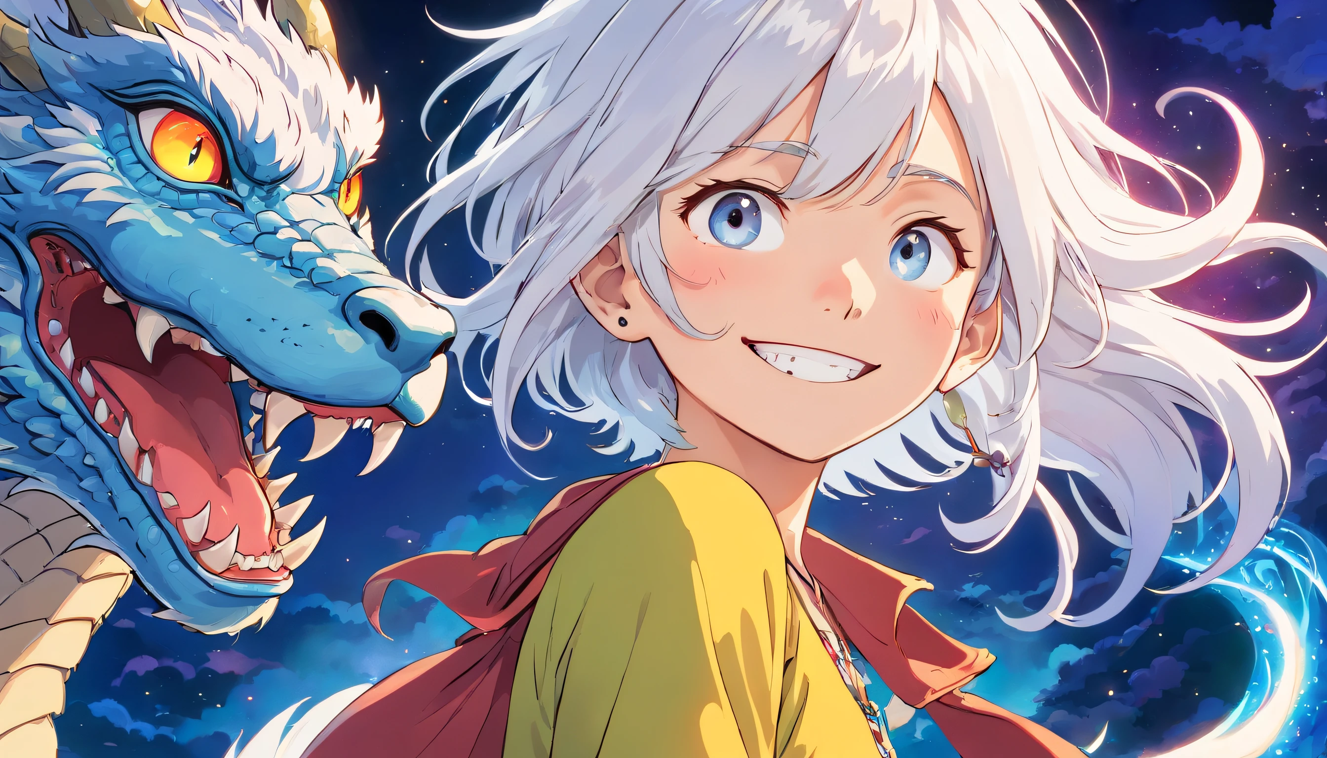 White-haired teenager with white eyes with psychedelic smile and tattoo of a dragon running from neck to forehead