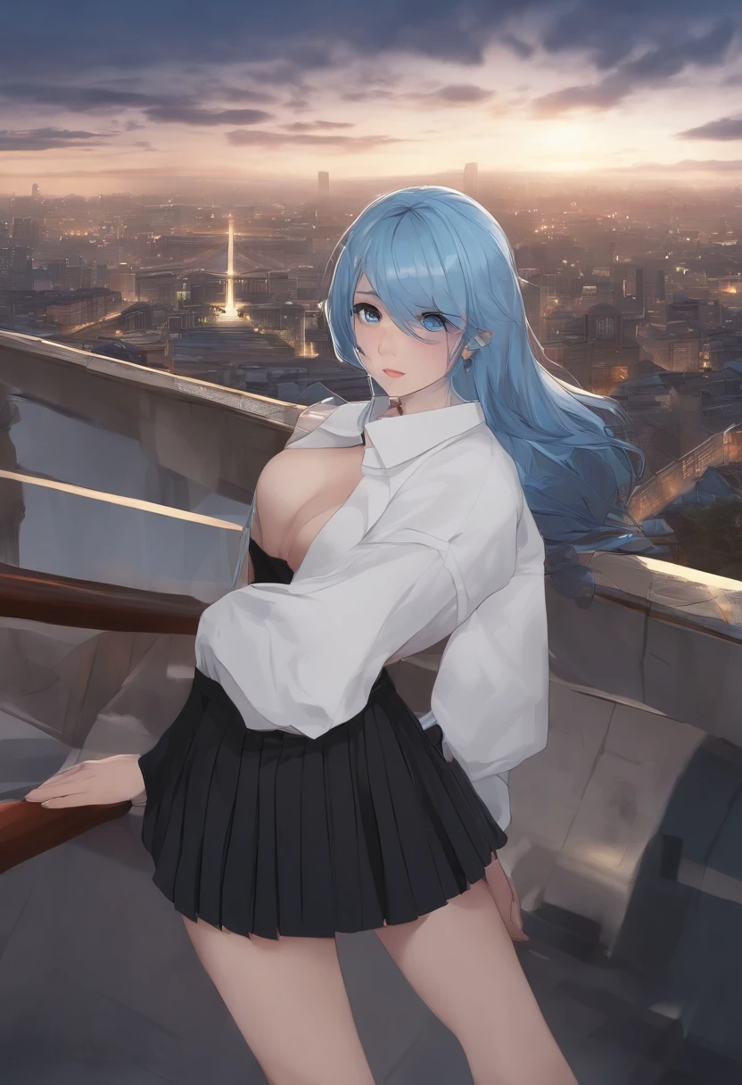 1girll, black_Skirt, Blue_Hair, Building, City, Cityscape, Hair_between_Eyes, Jacket, Looking_at_peeping at the viewer, mediating_Hair, Multicolored_Hair, multiple_Boys, Night, Off_Shoulder, Outdoors, pleated_Skirt, Road, shirt, Skirt, skyscraper, Smile, Solo_Focus, street, White_shirt