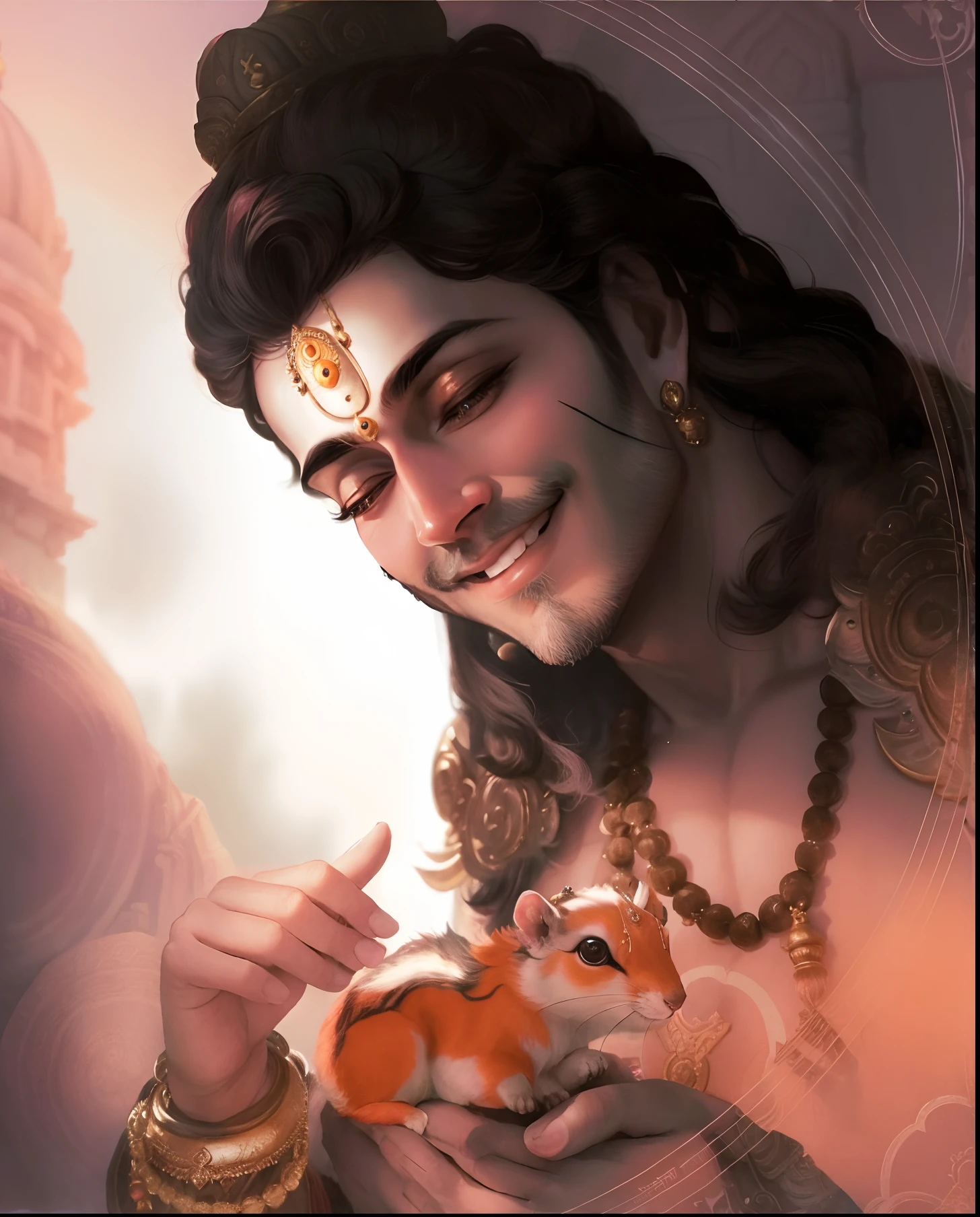((shree ram)), ((lord ram)), ((ancient hindu)), ((ancient india)), a close up of a man holding a small squirrel in her hands, rob squirrel back, lord rama, rama, archan nair, inspired by Kailash Chandra Meher, by Max Dauthendey, by Sasha Putrya, inspired by Thota Vaikuntham, by John La Gatta, god rama, smiling