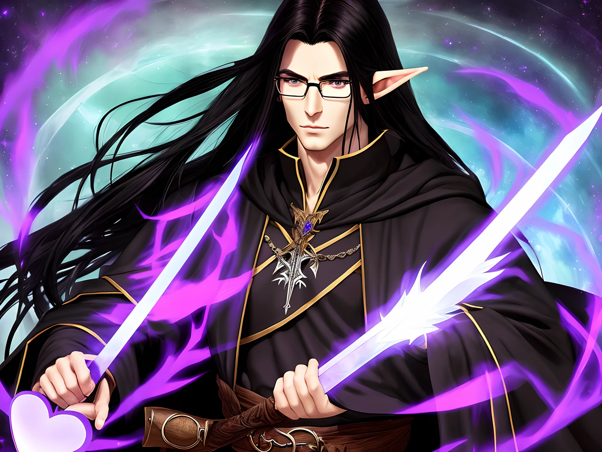 Man, 6’3, long black hair, loose hair, elf, high elf, mage, black robes, mage robes, purple magic, slim face, glasses, heart shaped face, pale skin, handsome, brown eyes, high elf, adult, thin but muscular