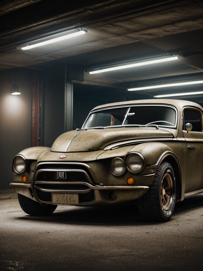 ((masterpiece、top-quality、realisitic、ultra-detailliert、hight resolution、Photorealsitic、foco nítido、photographrealistic、Raw photography、lighting like a movie))、In the parking lot、((Futuristic Cyberpunk Hot Rod))、(With glowing tires)、khaki colors、3/4Front view
