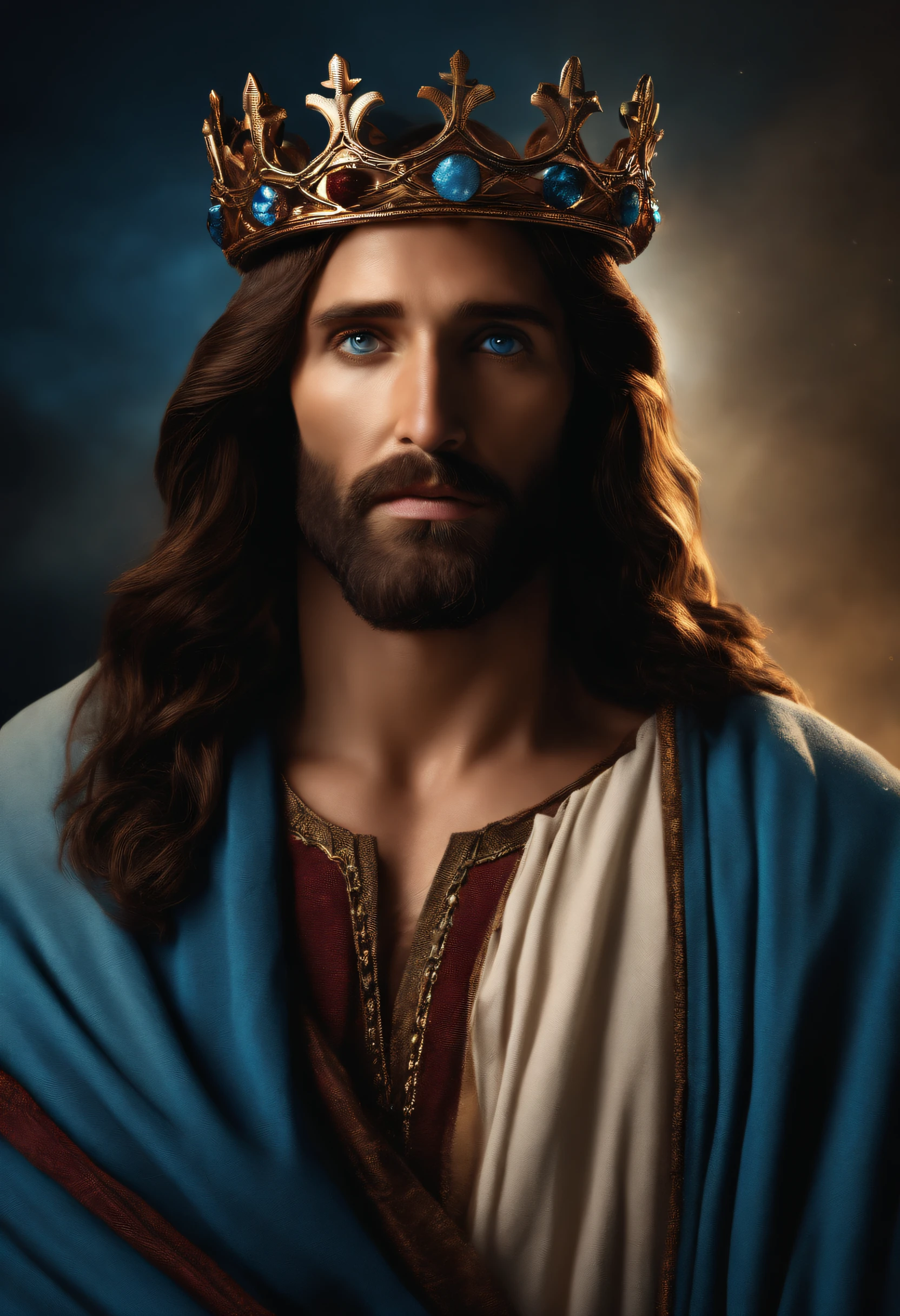 Make images of Jesus in 8K with blue eyes and crown of thorns on his head