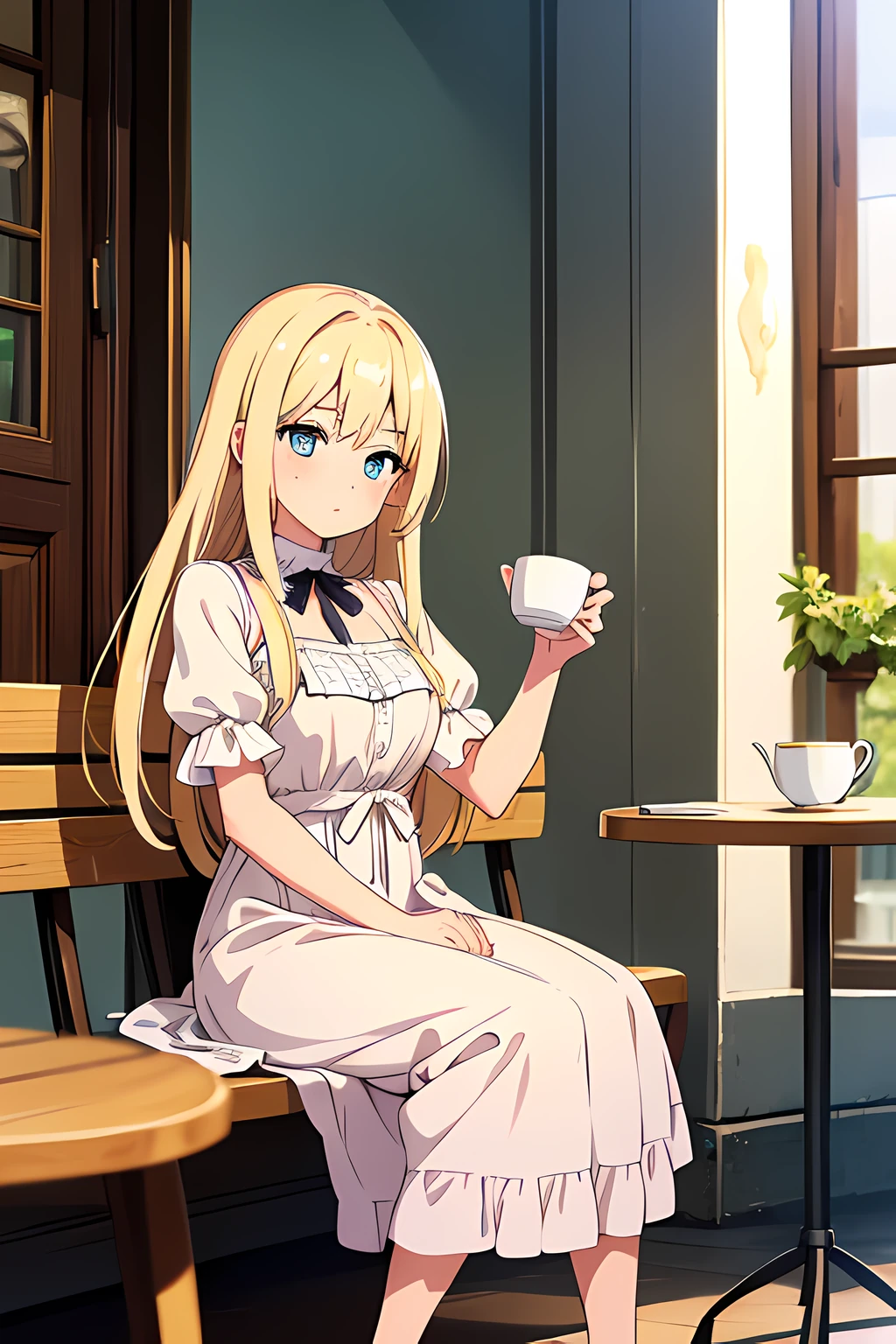 (1girl in),(beautiful eyes finely detailed, Face to detail, blonde hair, long hair), wearing summer style dress, enjoying a cup of tea at cafe, sitting on cafe, and shy facial expression, blush on her face, looking at viewers, camera angle from front, full body, masterpiece sidelighting, masterpiece, top-quality, detailed, High resolution illustration
