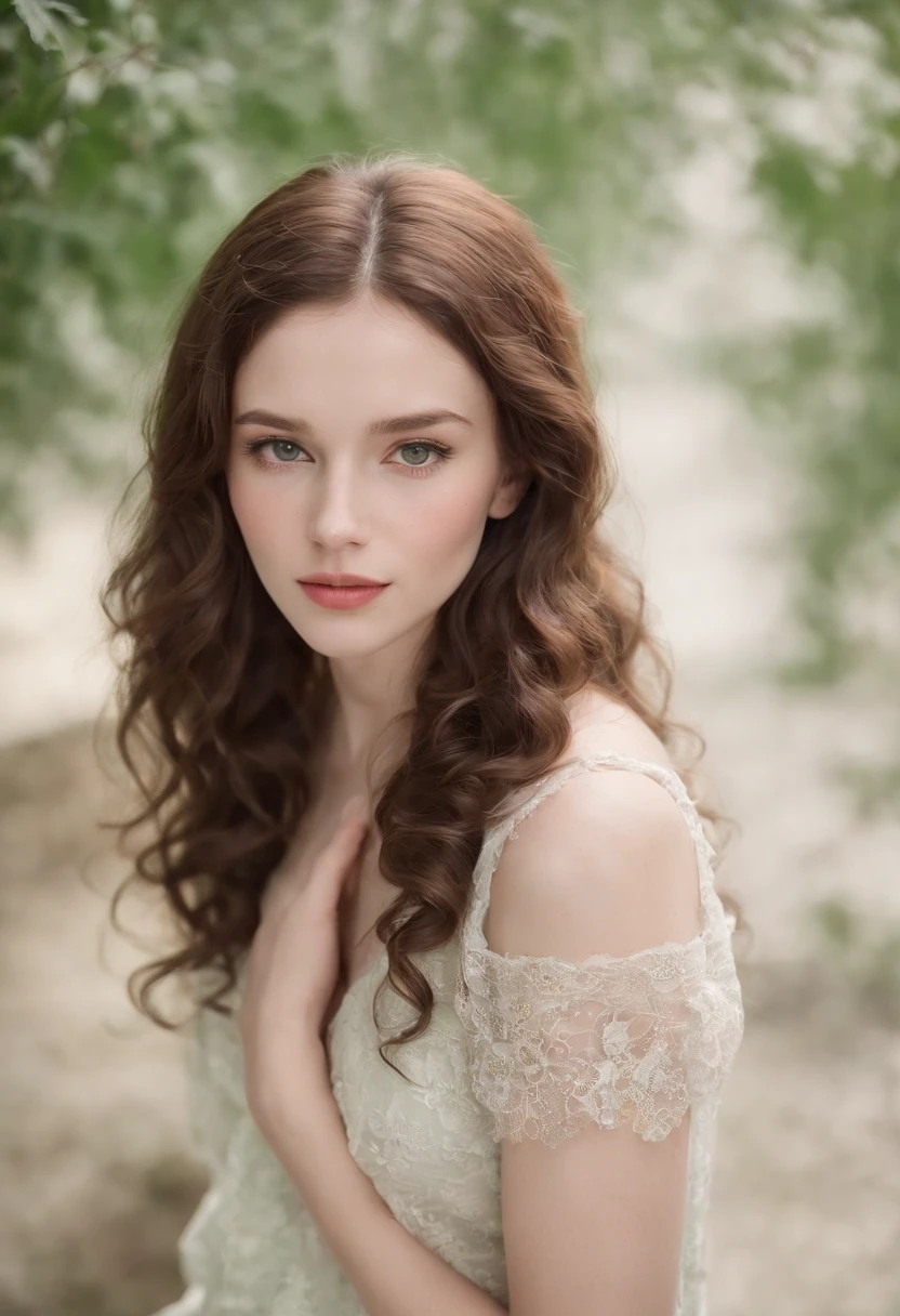 "Full body portrait of a charming 24 year old women with pale skin, long hair, very curly hair, brownish black coloured hair with ringlets, lots of dark freckles all over her face, petite figure, beautiful face, captivating green eyes, and showcasing her natural beauty. Highly detailed face. European face with very slight Asian features.”