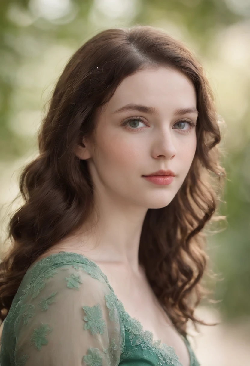 "Full body portrait of a charming 24 year old women with pale skin, long hair, very curly hair, brownish black coloured hair with ringlets, lots of dark freckles all over her face, petite figure, beautiful face, captivating green eyes, and showcasing her natural beauty. Highly detailed face. European face with very slight Asian features.”