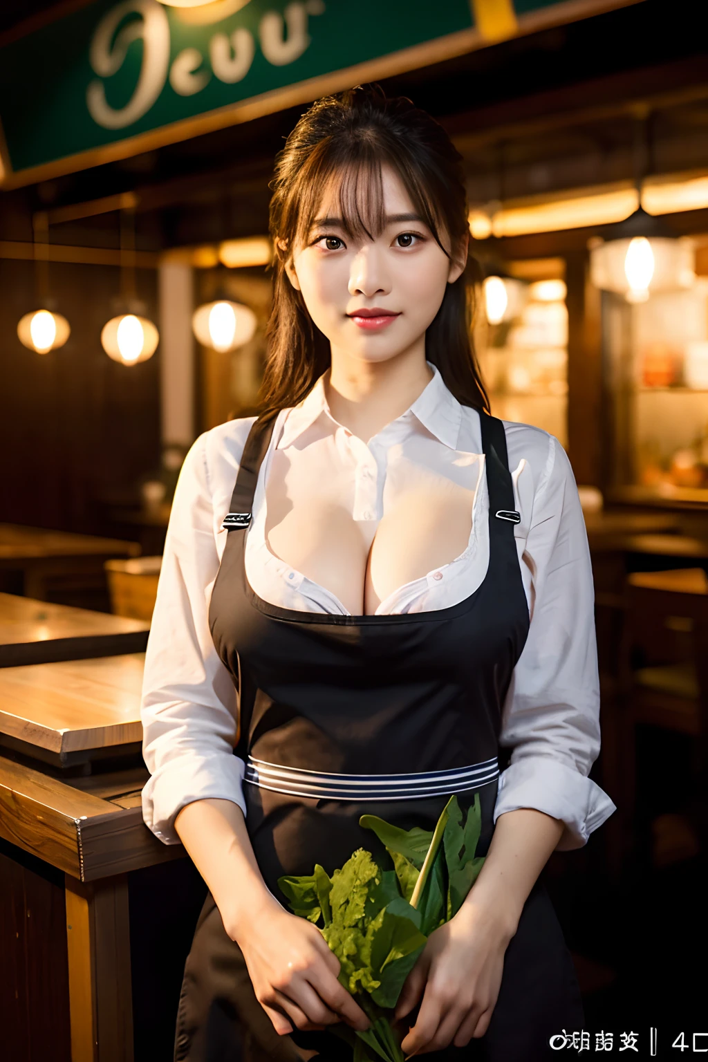 (()), (8k, RAW photo, best quality, masterpiece:1.2), (realistic, photo-realistic:1.37), ultra-detailed, full body, 1girl, solo, detailed restaurant, crowd people, night, full body, ((gigantic breasts, huge breasts)), beautiful detailed eyes, beautiful detailed lips, professional lighting, photon mapping, radiosity, physically-based rendering, extremely detailed eyes and face, beautiful detailed eyes, light on face, cinematic lighting, ((apron:1.4, wardrobe_error)), full-body shot, looking at viewer, indoors, working.