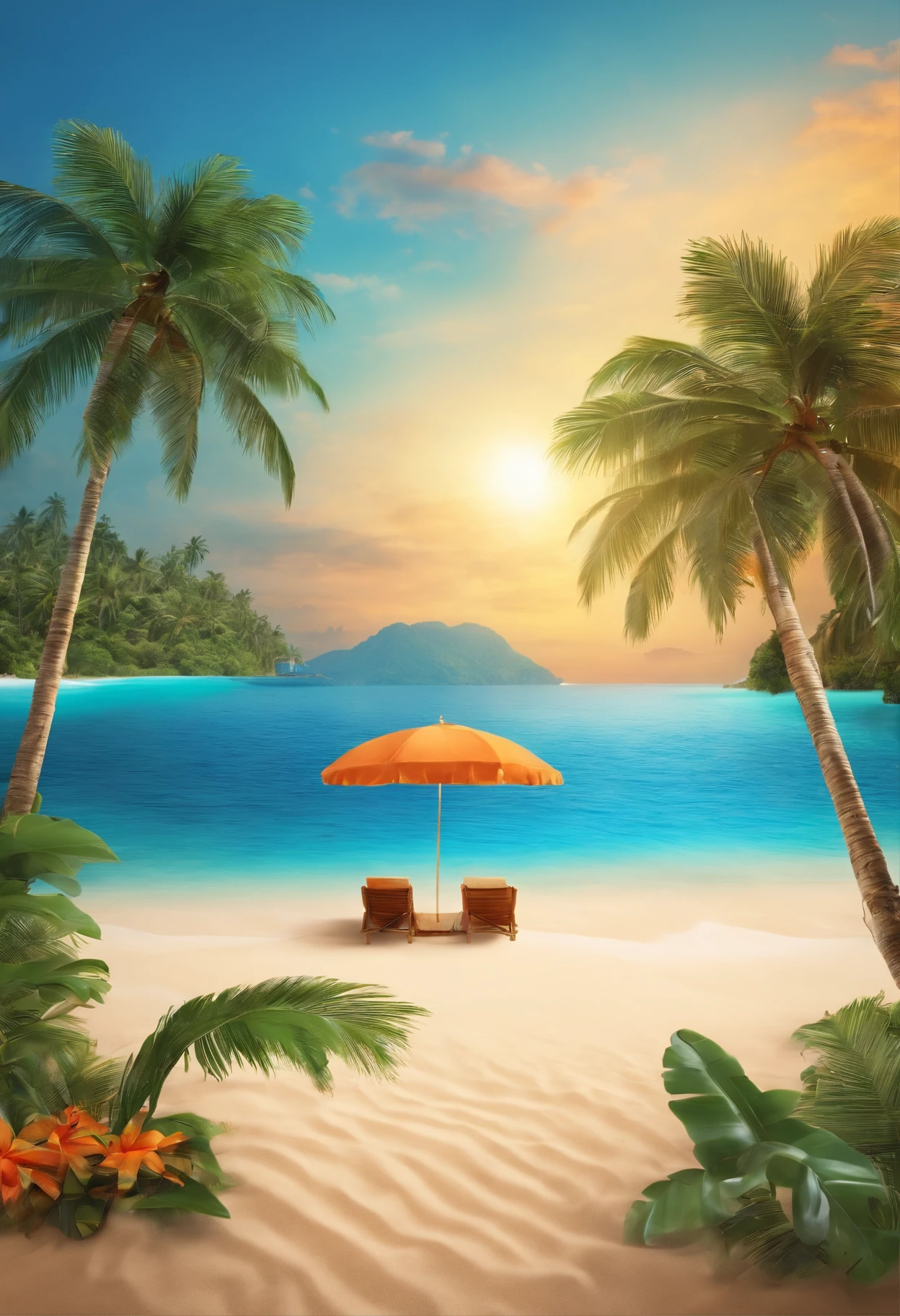 Tropical island scene,There is a sandy beach、Mare、Far Mountain、Skysky,Pomelo coconut trees on both sides,Fruit on the beach,The beach has common items such as sun umbrellas and swimming rings,There are several people skydiving in the sky,The main color is ocean blue,Orange is a secondary color,Tropical atmosphere,arte de fundo,a paradise like a fairyland, seaside backgroud, tropical beach paradise, fantasy matte painting, stylized background, beautiful magical palm beach, tropical background, detailed scene,A high resolution(Use 3D e-commerce models)