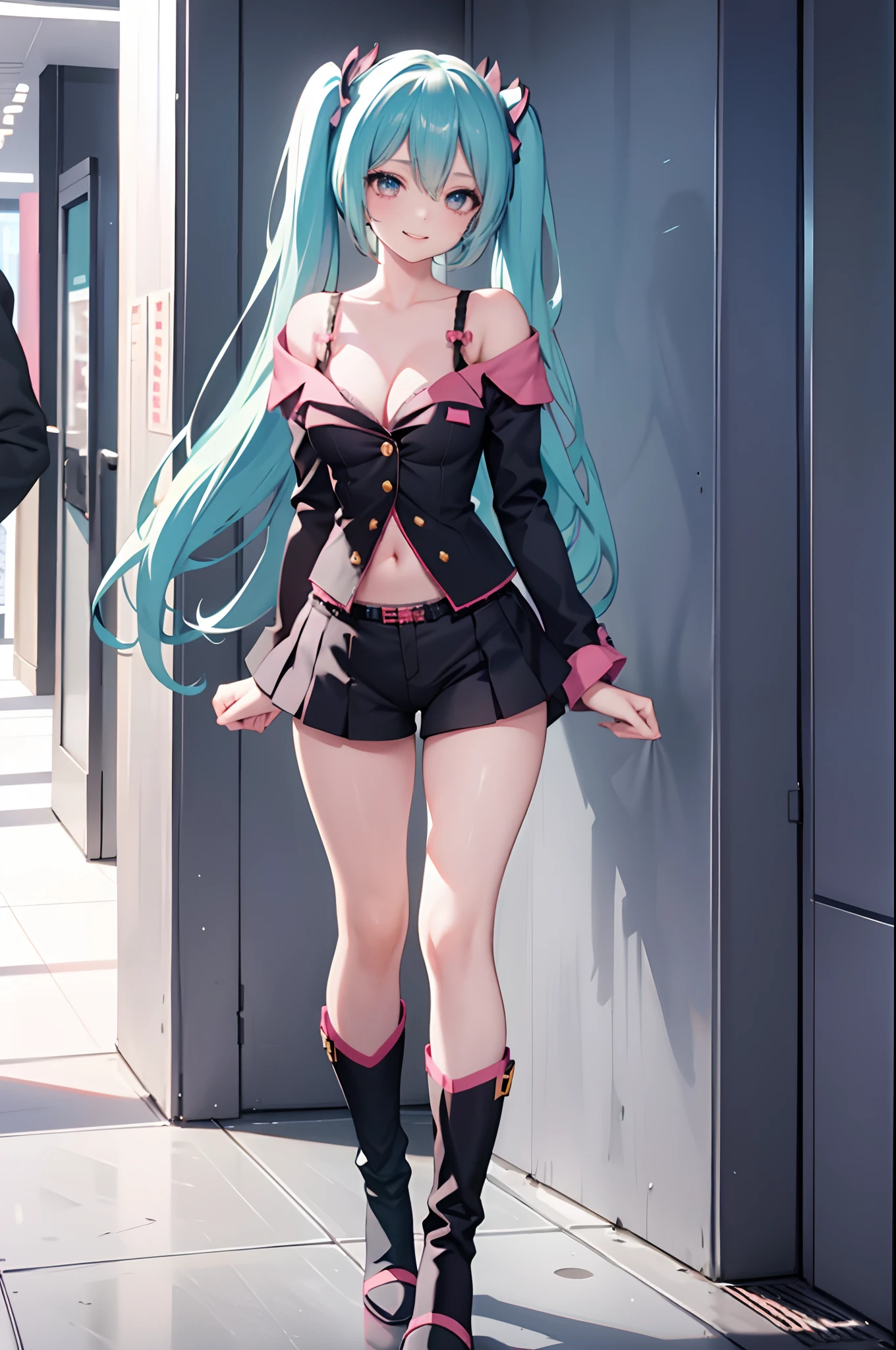 1girl,solo,standing,large breasts, cleavage, 
Denim Shorts, off shoulder, buttons, navel, lace-trimmed legwear, arms at sides,  boots, light smile, hatsune miku, full body veiw, in a modern shopping mall